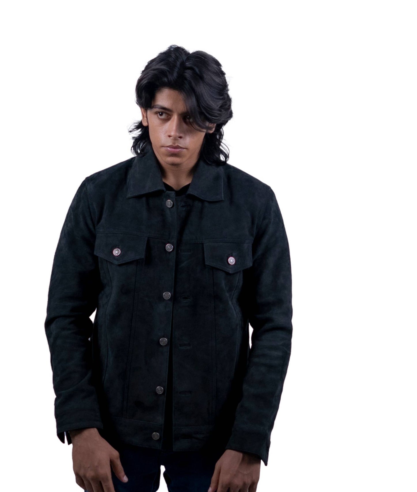 82 – Schwarze Wildlederjacke mit Knöpfen – Trucker Style Edition