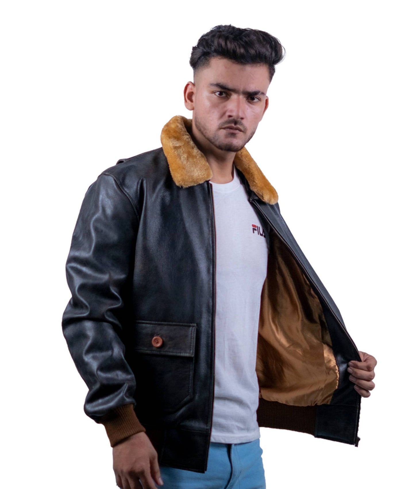 83 - Vintage Bomber Jacket – Brown Leather with Camel Fur Collar