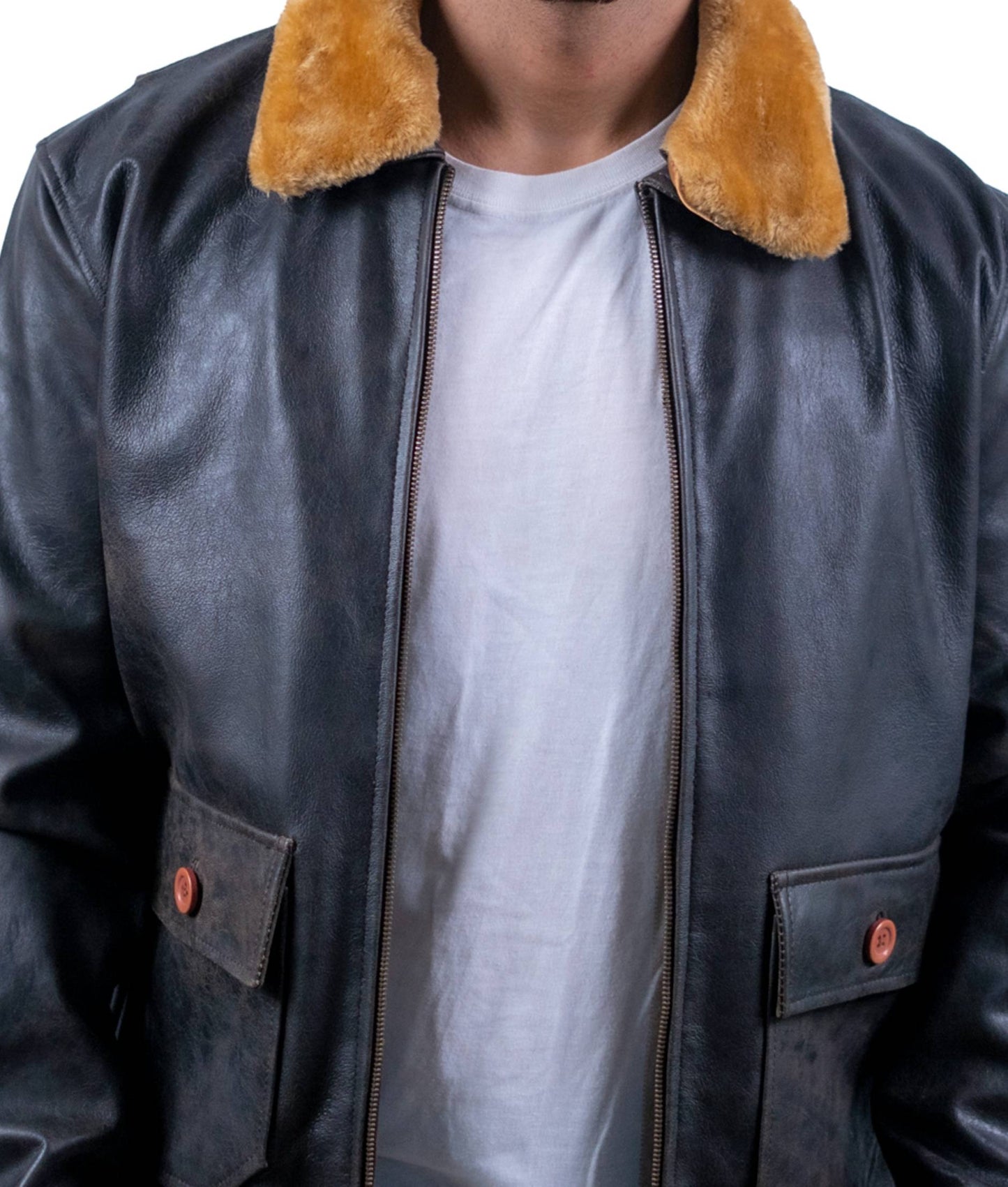 83 - Vintage Bomber Jacket – Brown Leather with Camel Fur Collar
