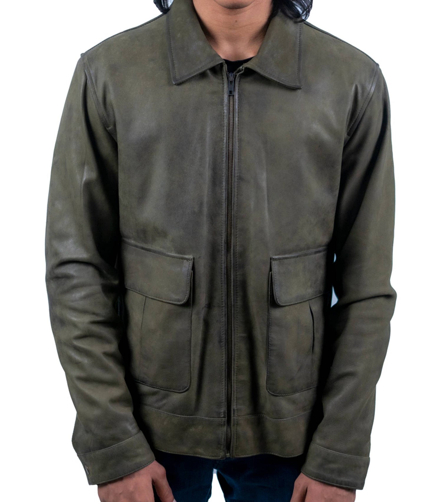 84 - Olive Green Leather Jacket – Utility Pocket Design