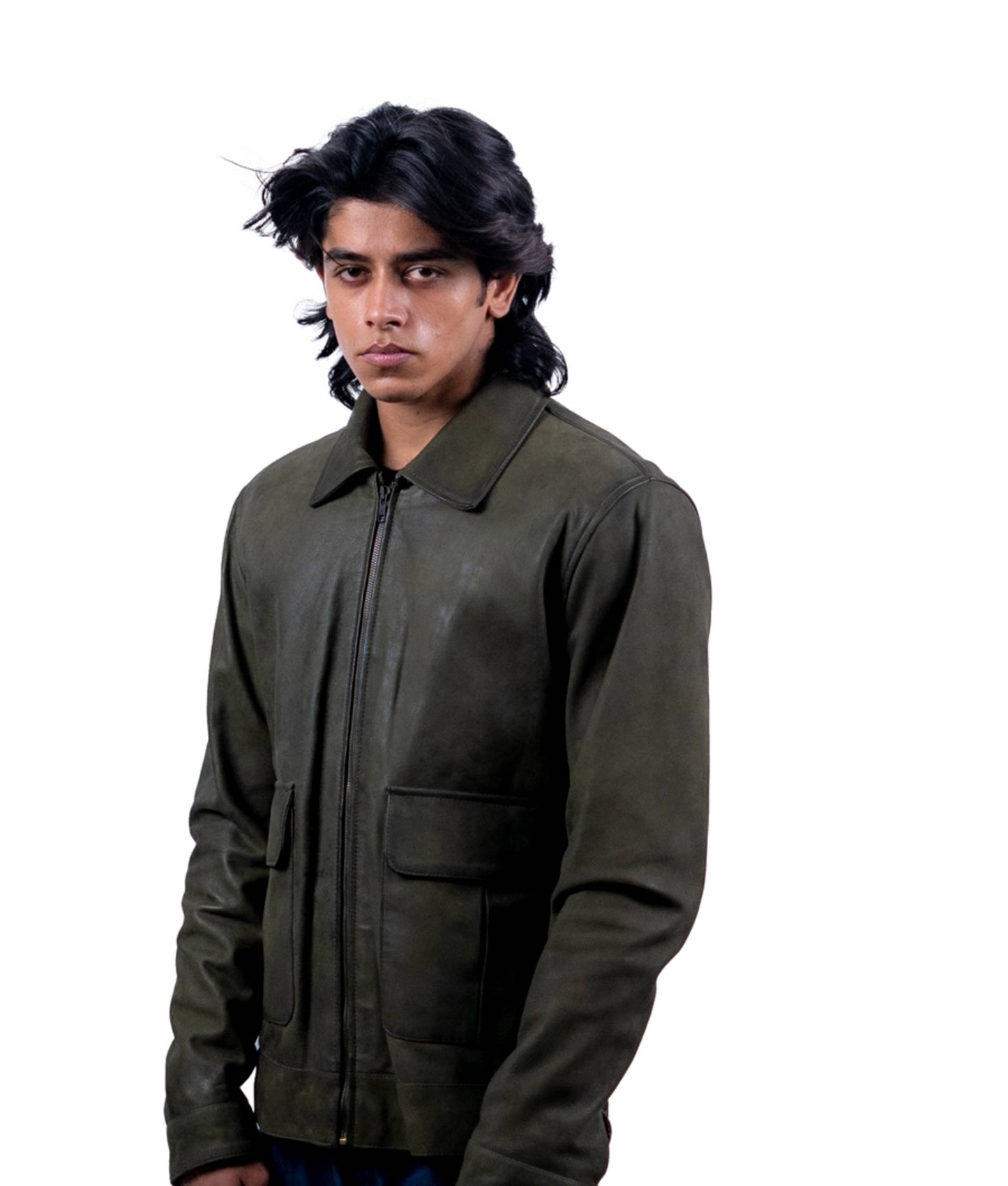 84 - Olive Green Leather Jacket – Utility Pocket Design