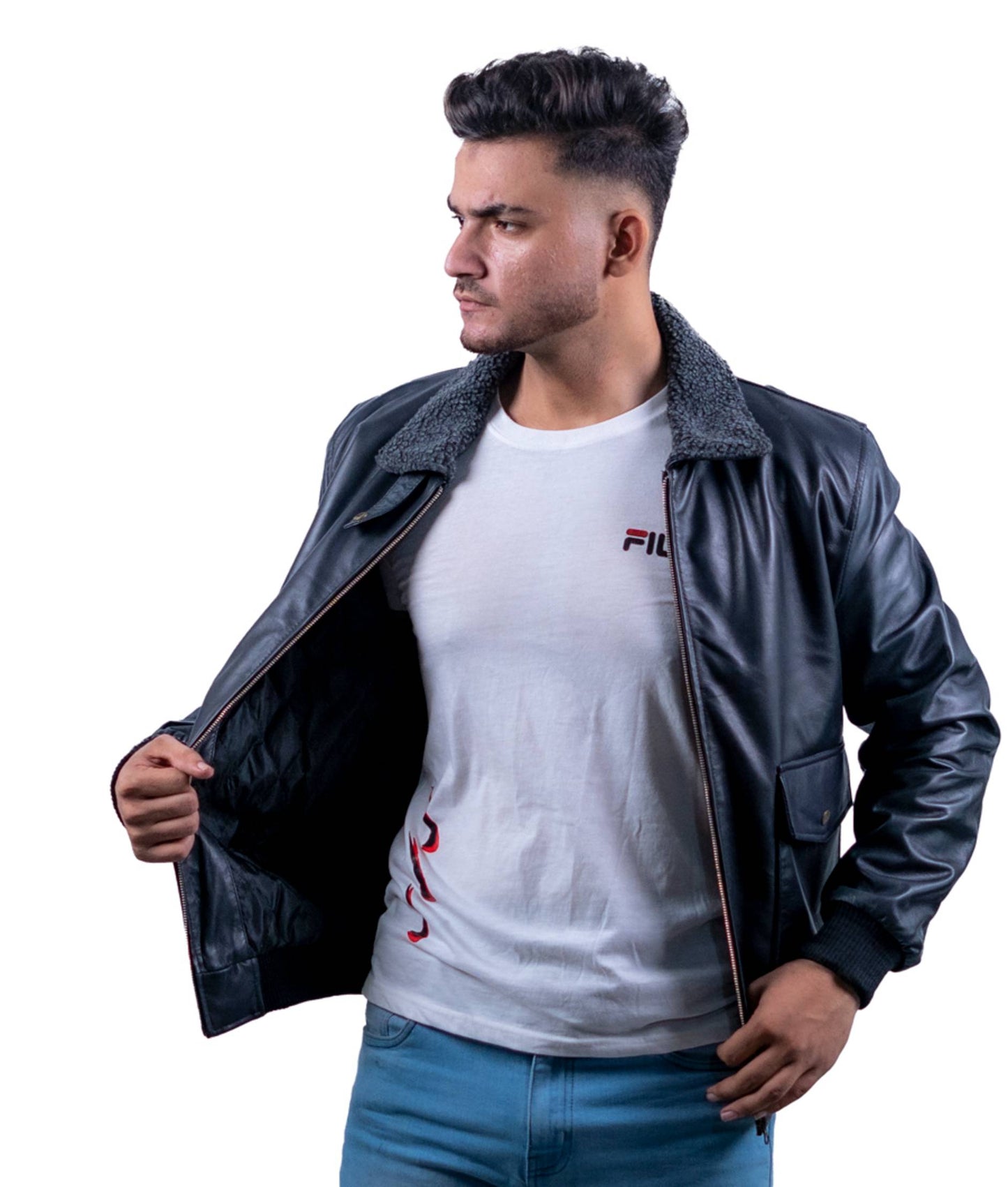 85 – Schwarze Bomberjacke – Grauer Sherpa-Kragen gefüttert