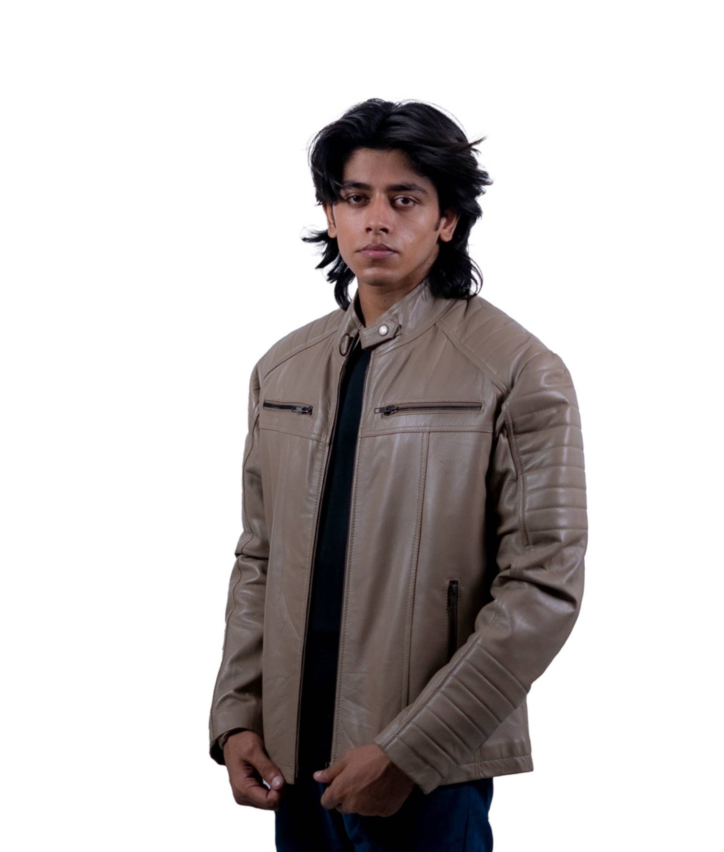 86 - Taupe Brown Moto Jacket – Ribbed Panel Design