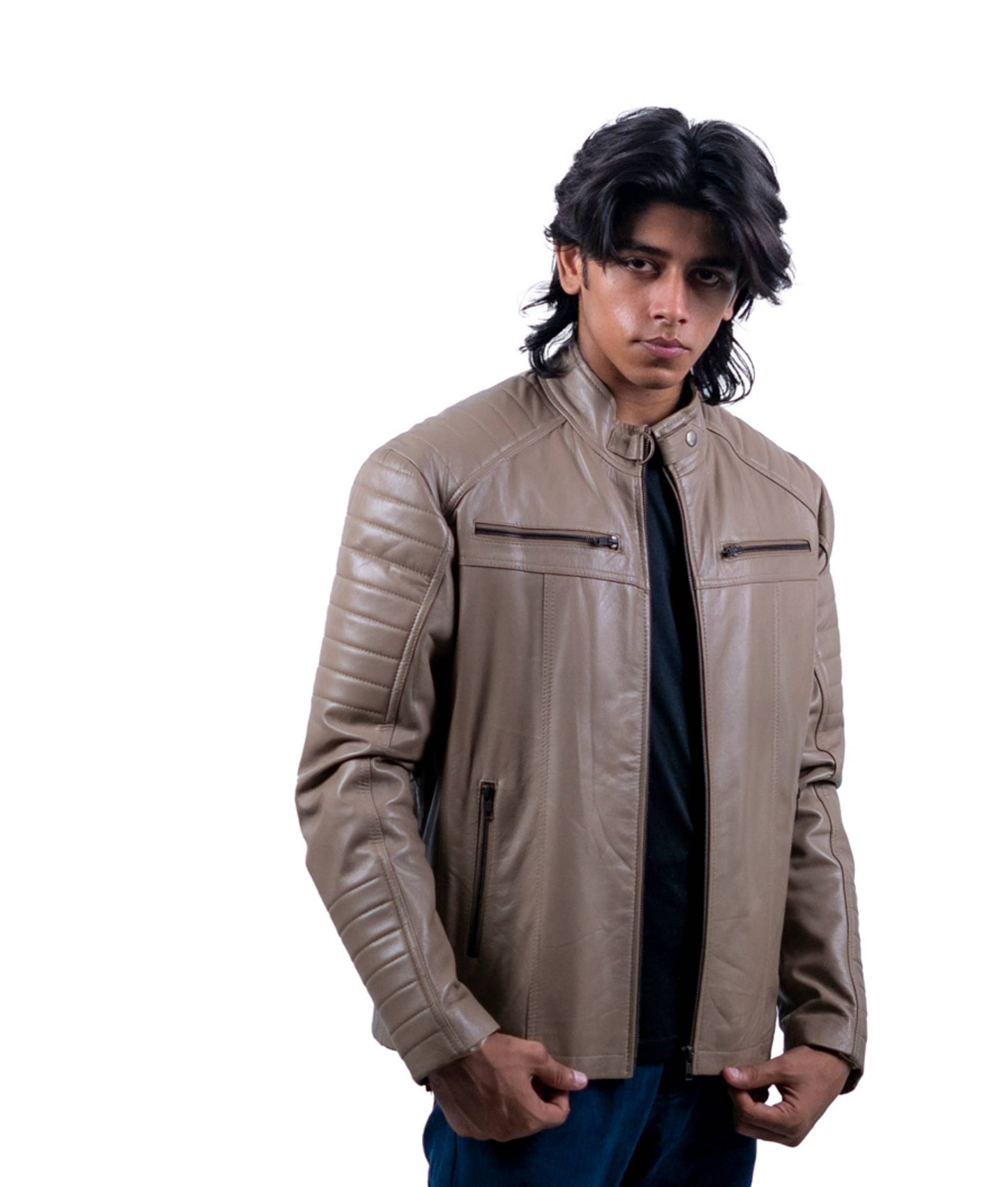 86 - Taupe Brown Moto Jacket – Ribbed Panel Design
