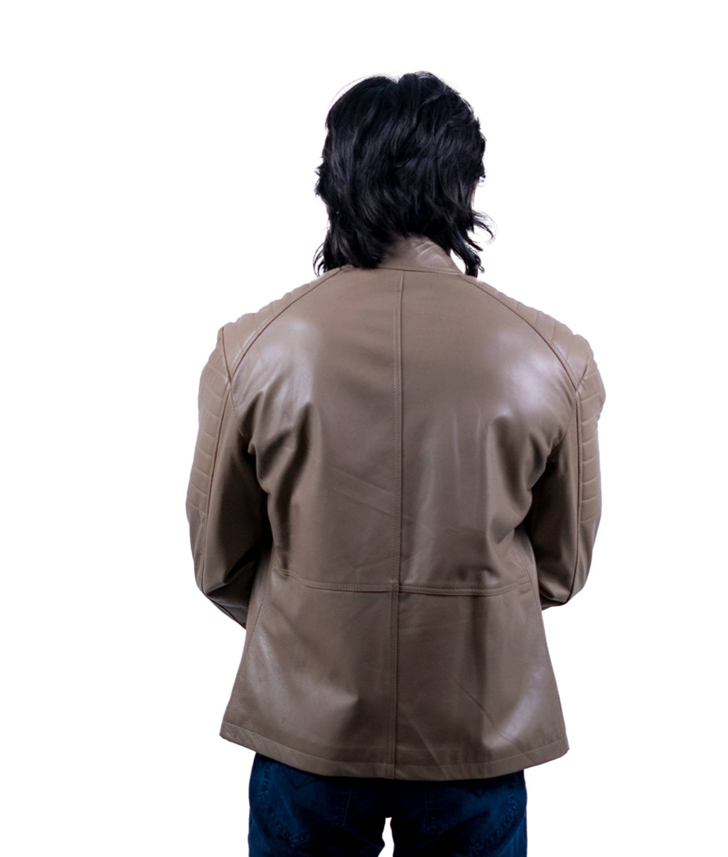 86 - Taupe Brown Moto Jacket – Ribbed Panel Design