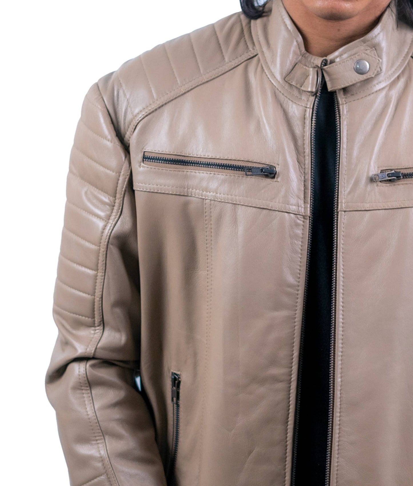 86 - Taupe Brown Moto Jacket – Ribbed Panel Design