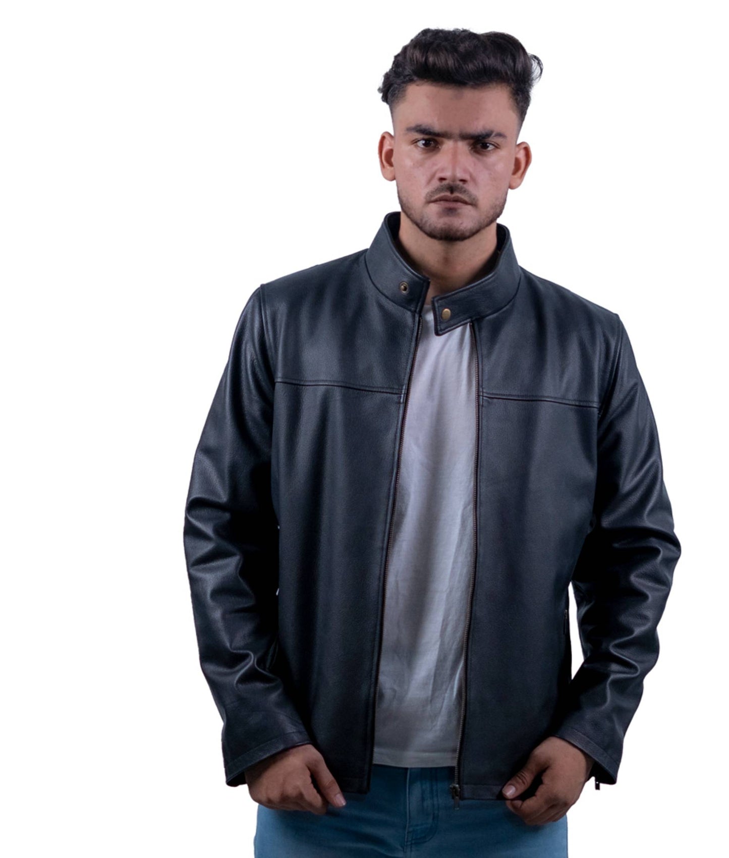 90 – Lederjacke mit Stehkragen – Mattschwarze Urban Edition