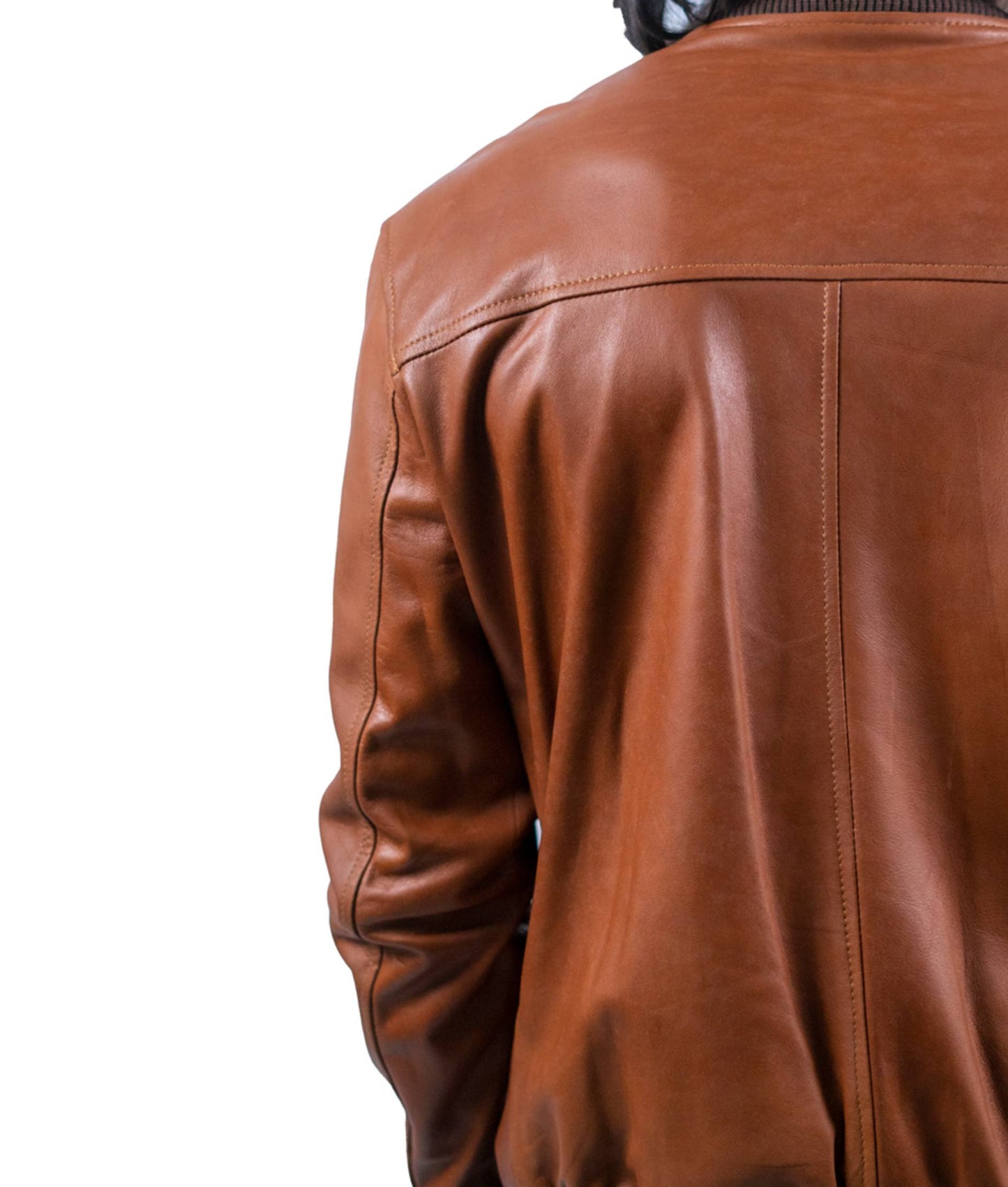 91 – Karamellbraune Bomberjacke aus Leder – Edition mit geripptem Besatz