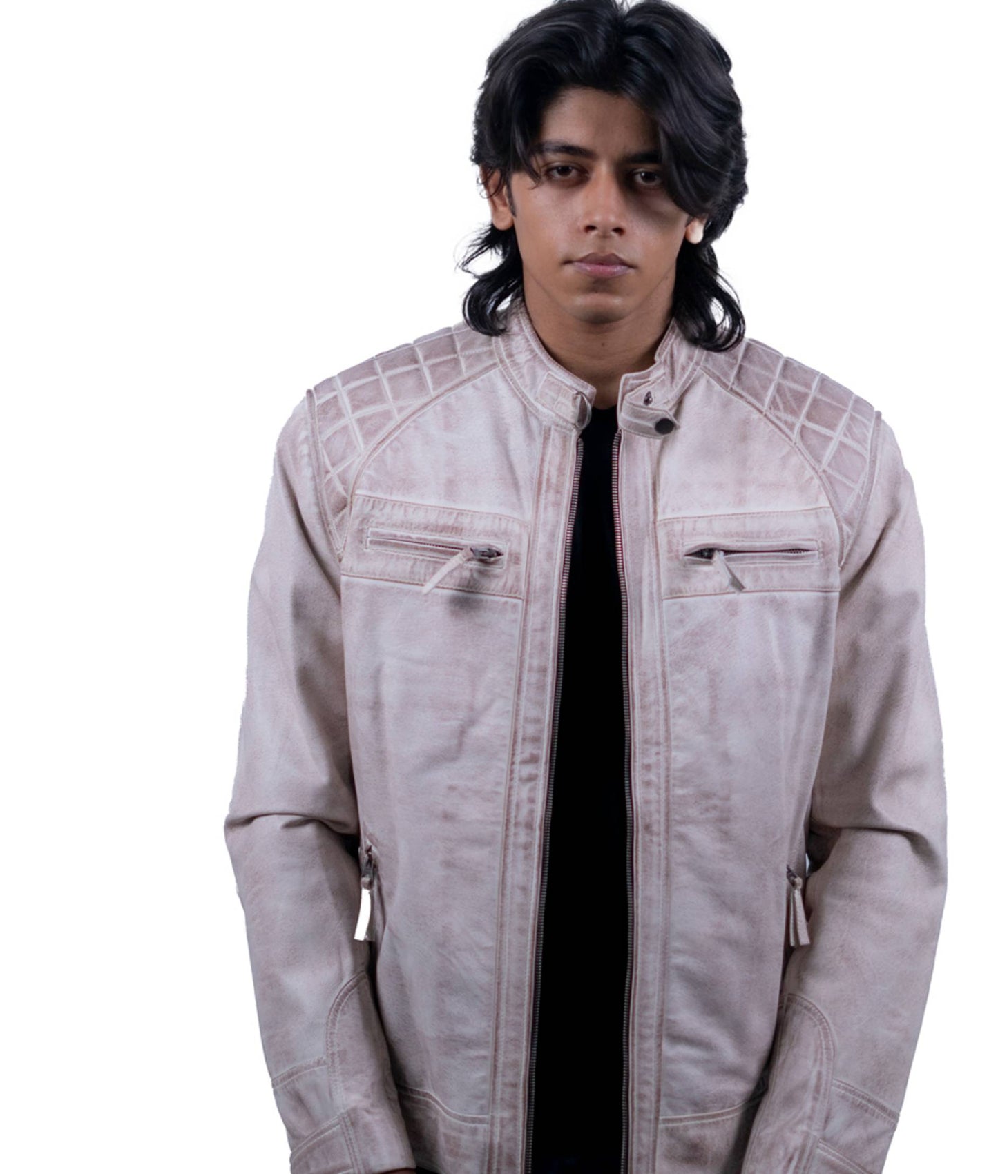 93 – Weiße Motorradjacke im Used-Look – Gesteppte Schulter-Edition