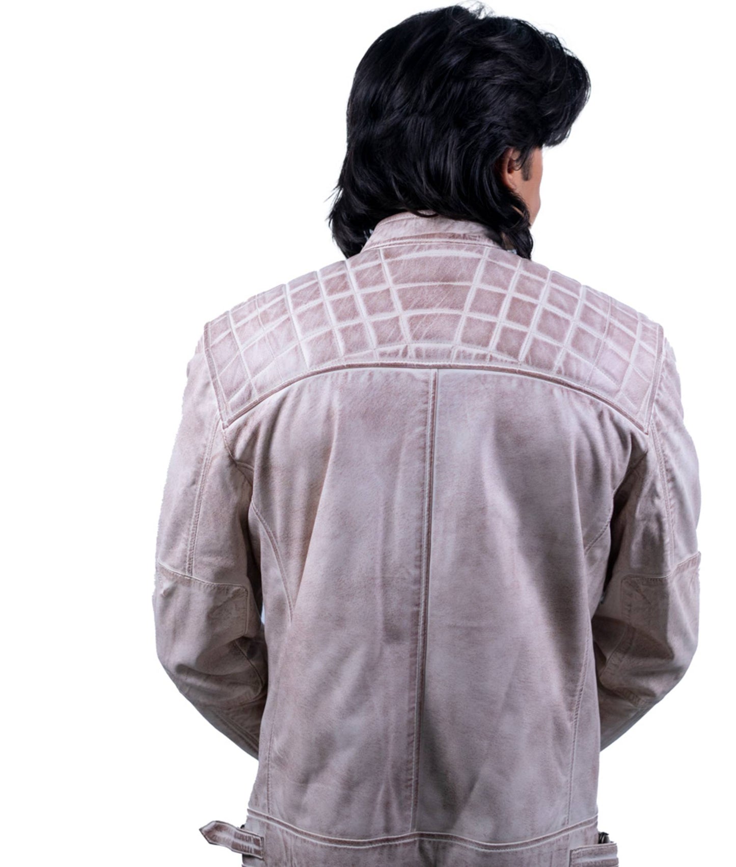 93 – Weiße Motorradjacke im Used-Look – Gesteppte Schulter-Edition