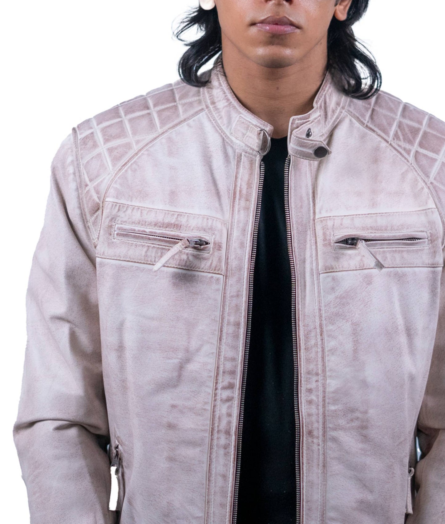 93 – Weiße Motorradjacke im Used-Look – Gesteppte Schulter-Edition