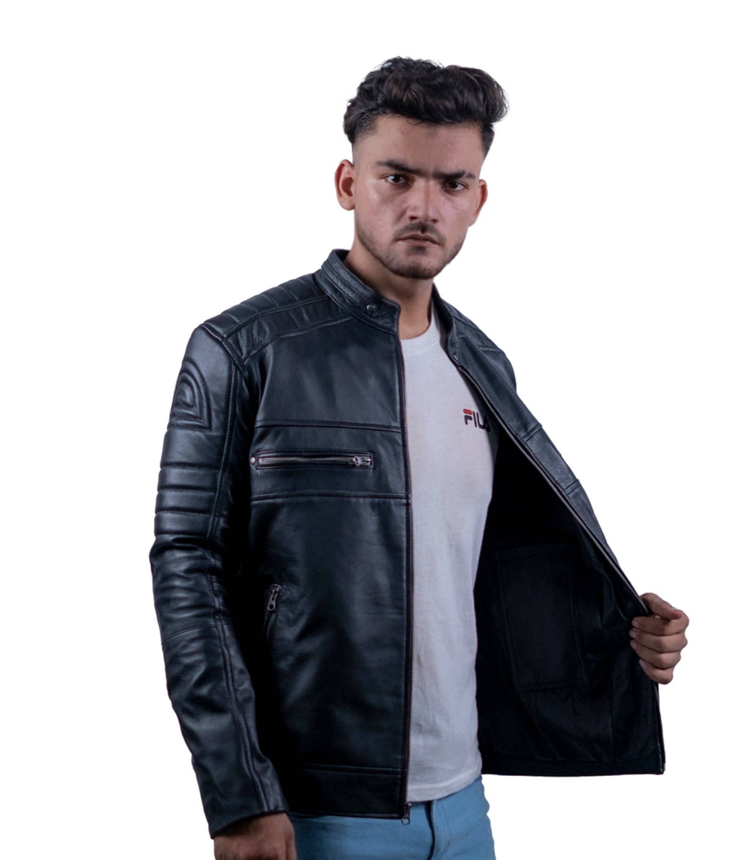 96 – Schwarze Motorrad-Bikerjacke für Herren – Gesteppte Schulterpartie