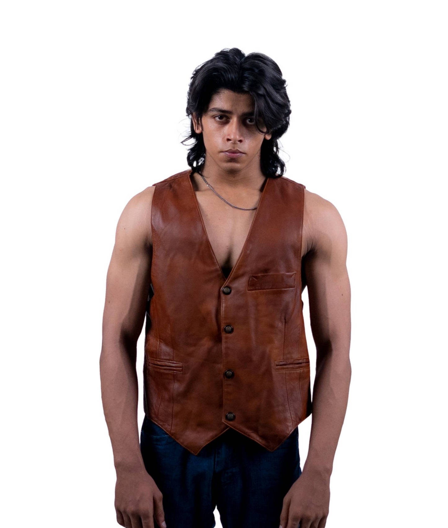 101 - Vintage Brown Leather Vest – Five-Button Classic
