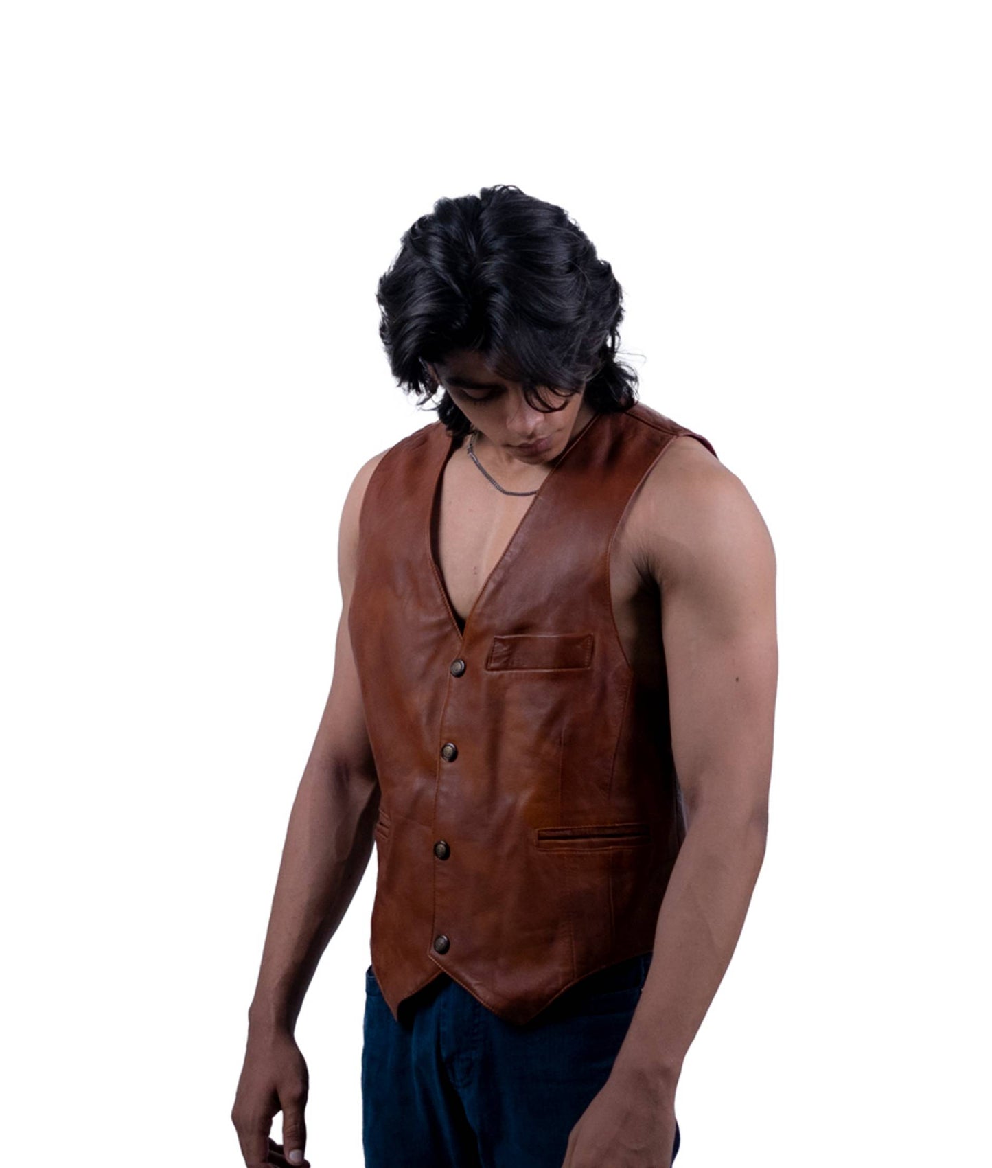 101 - Vintage Brown Leather Vest – Five-Button Classic