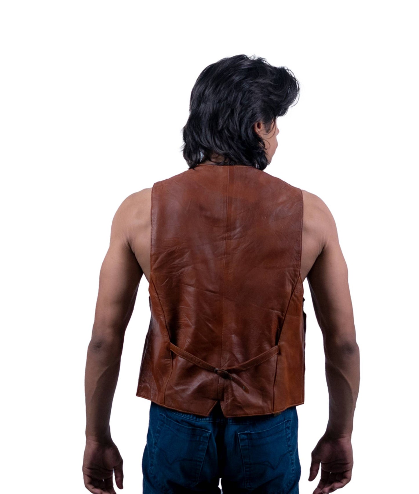 101 - Vintage Brown Leather Vest – Five-Button Classic