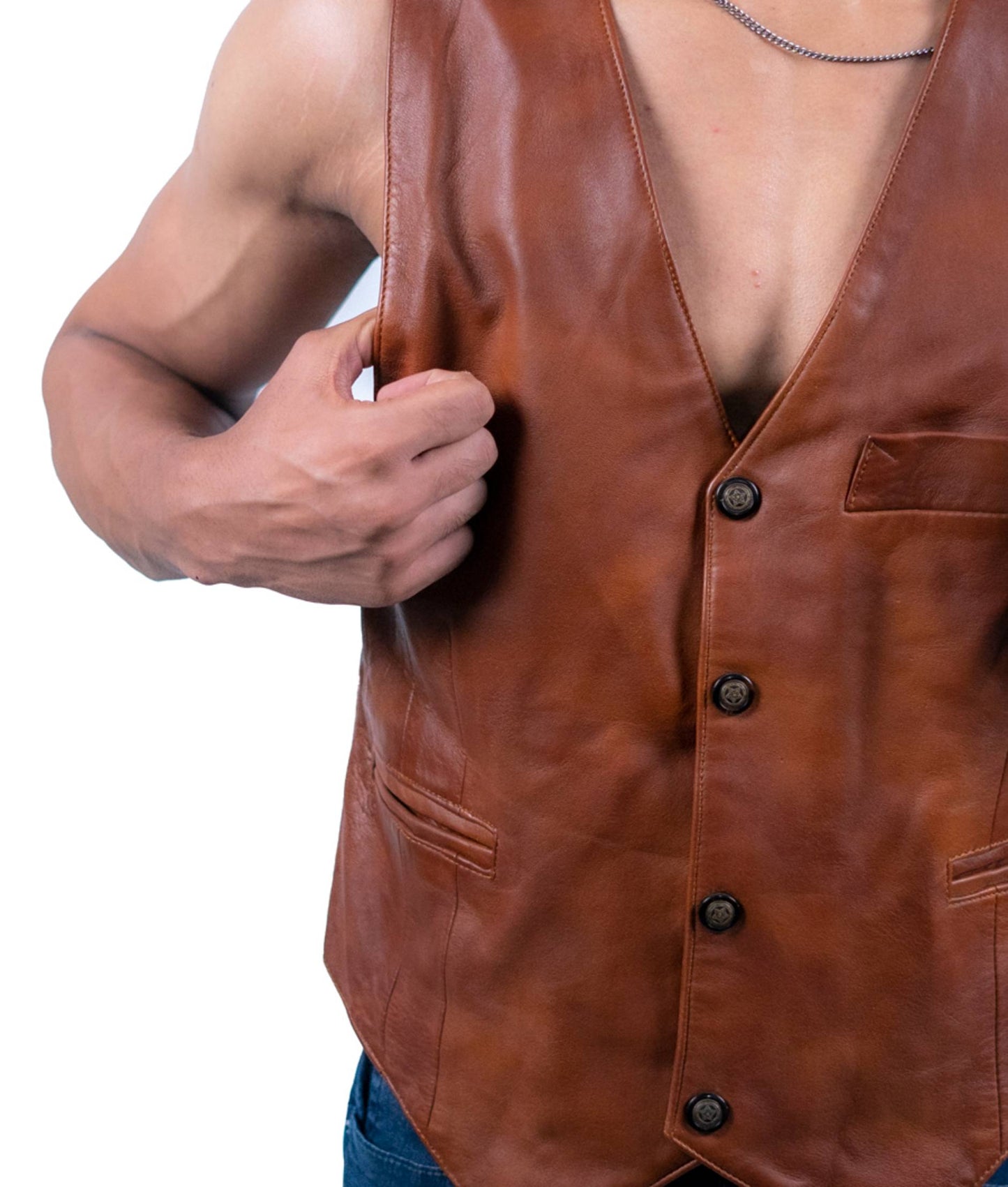 101 - Vintage Brown Leather Vest – Five-Button Classic