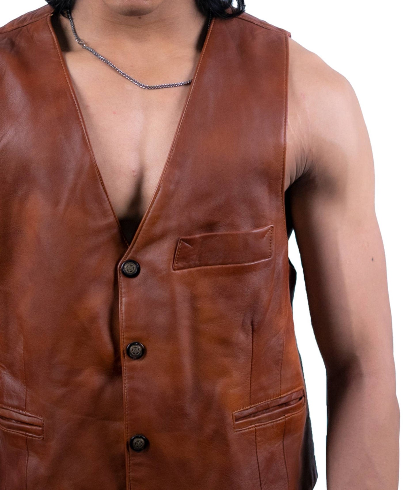 101 - Vintage Brown Leather Vest – Five-Button Classic