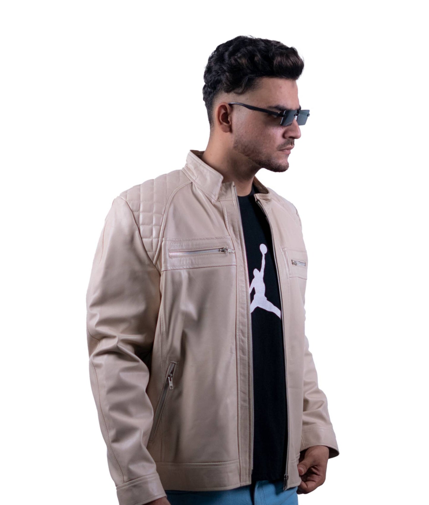 103 - Men’s Cream Quilted Leather Jacket – Light Tone, Heavy Impact