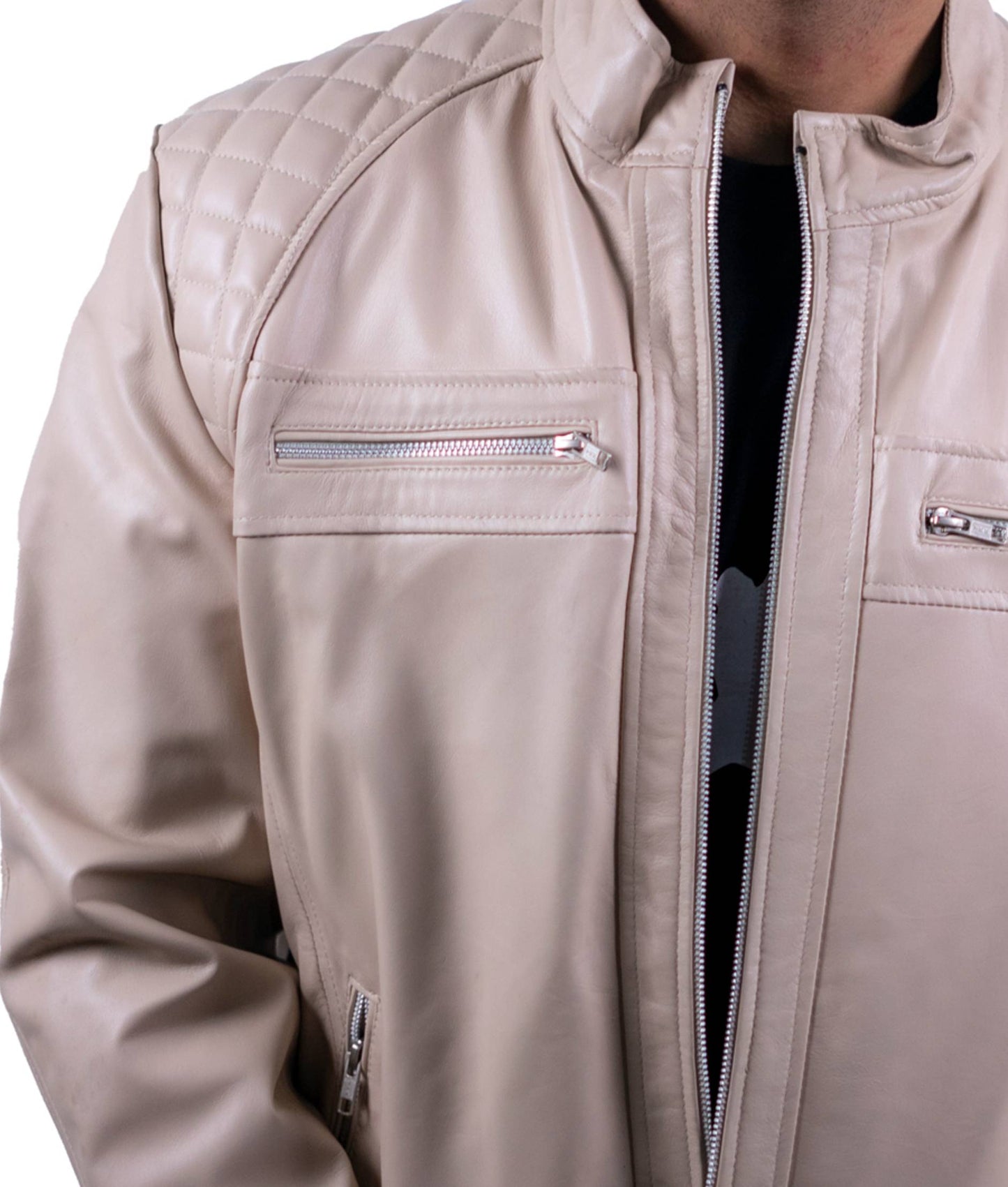 103 - Men’s Cream Quilted Leather Jacket – Light Tone, Heavy Impact