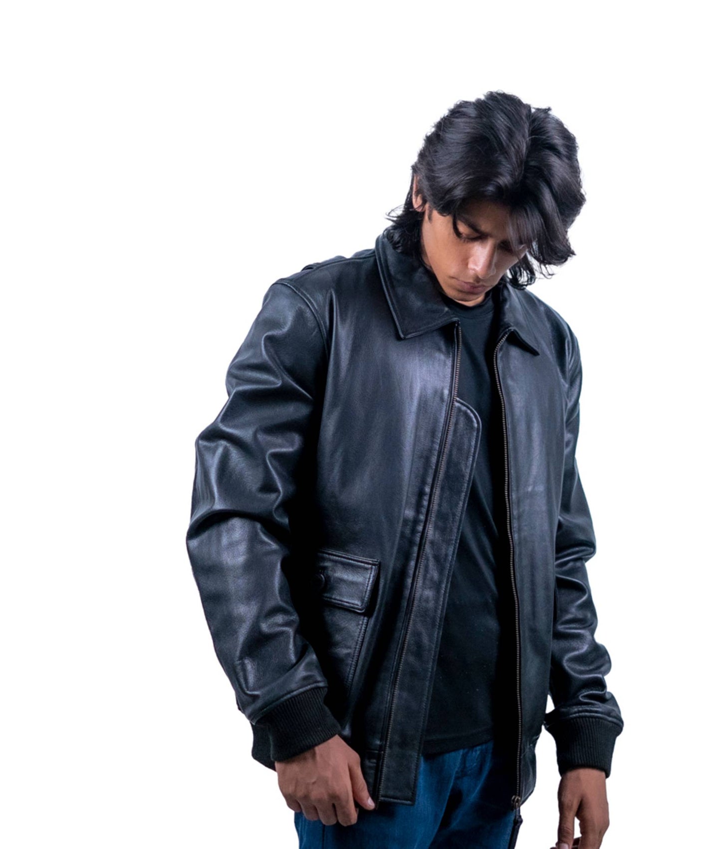 105 - Men’s Jet Black Bomber Leather Jacket – Sleek Urban Edge