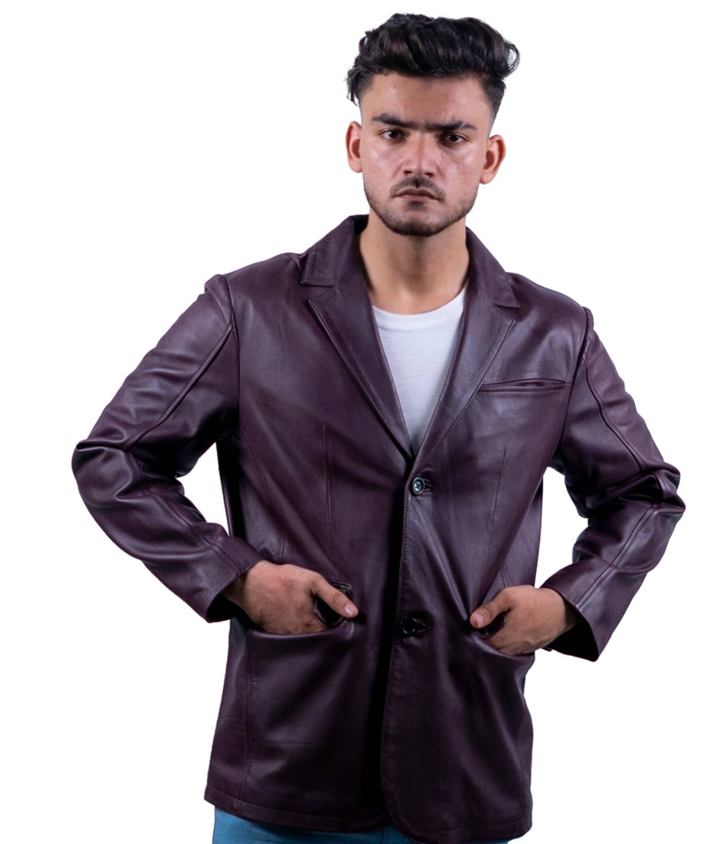 108 – Burgunderroter Lederblazer für Herren – Elegantes Statement-Piece