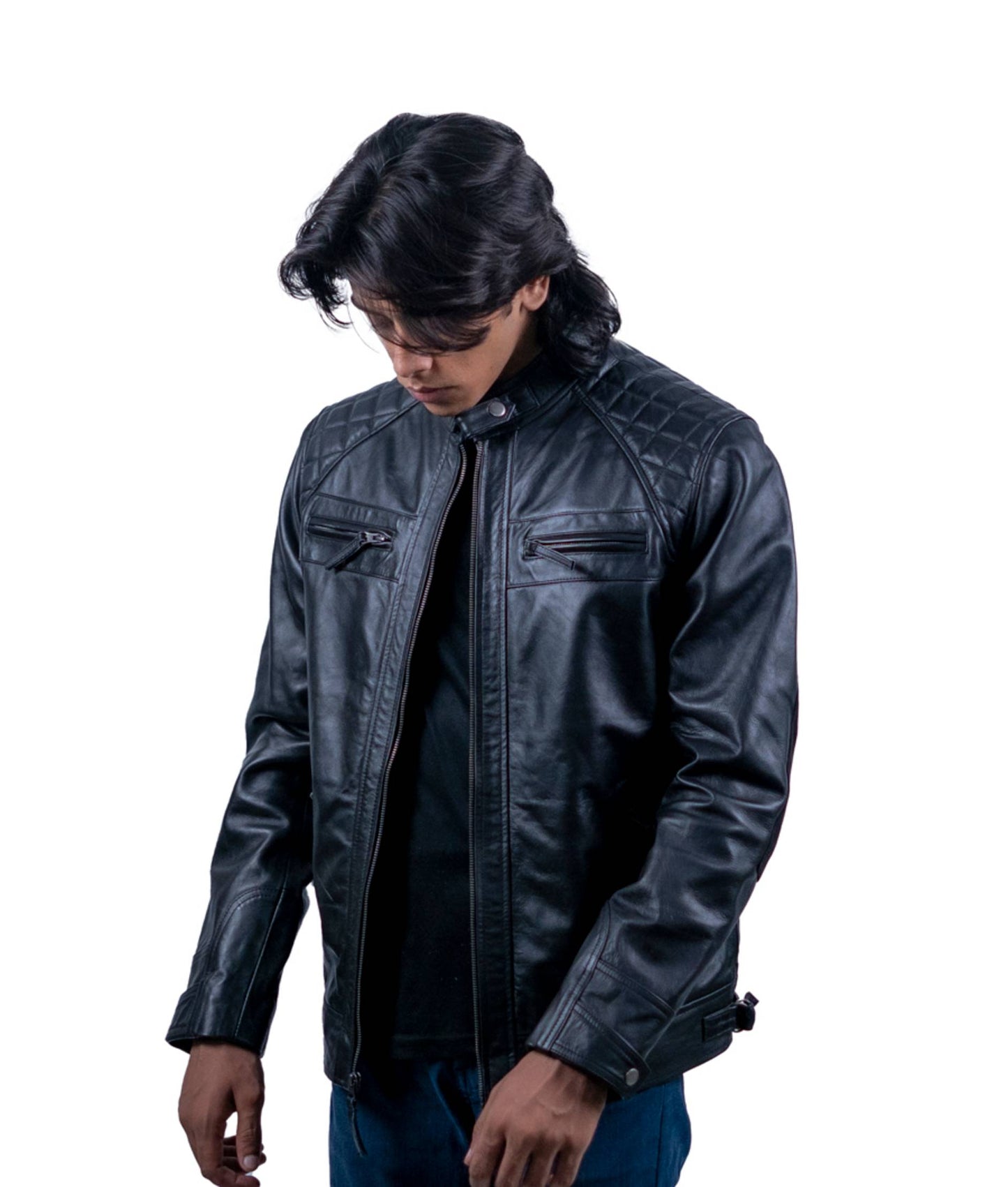 111 – Schwarze Racer-Lederjacke für Herren – Gesteppte Schulter-Edition