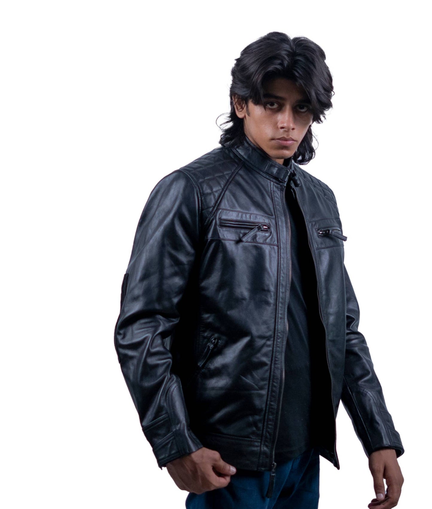 111 – Schwarze Racer-Lederjacke für Herren – Gesteppte Schulter-Edition