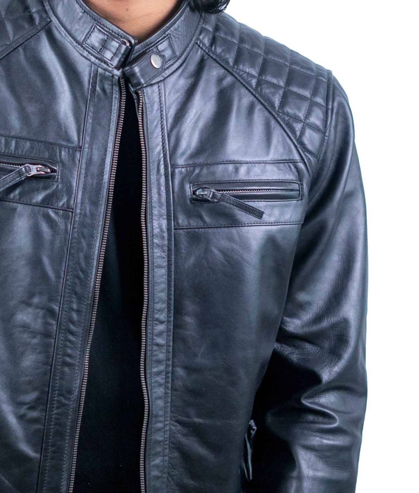 111 – Schwarze Racer-Lederjacke für Herren – Gesteppte Schulter-Edition