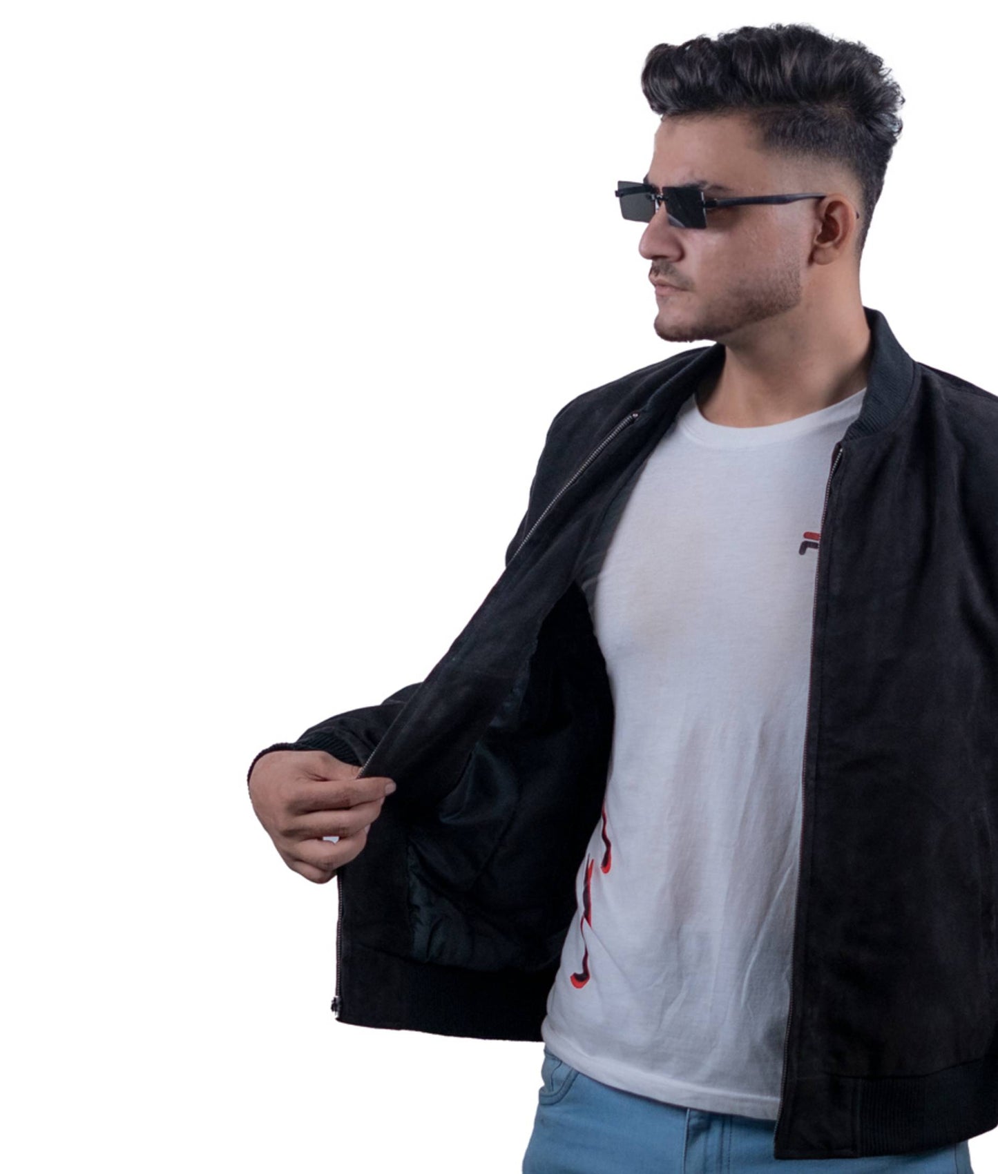 114 – Schwarze Wildleder-Bomberjacke für Herren – Retro Minimal Luxe