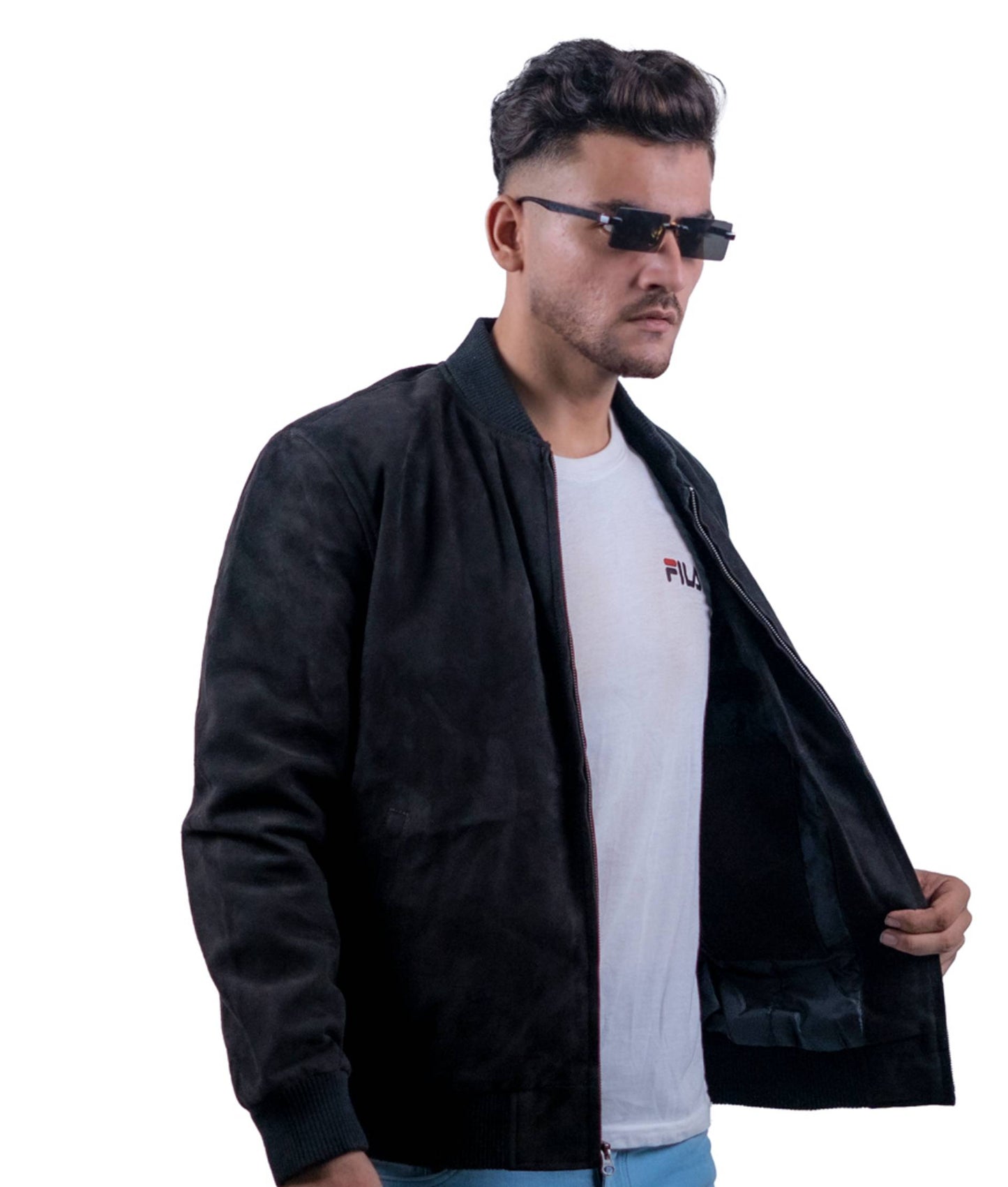 114 – Schwarze Wildleder-Bomberjacke für Herren – Retro Minimal Luxe