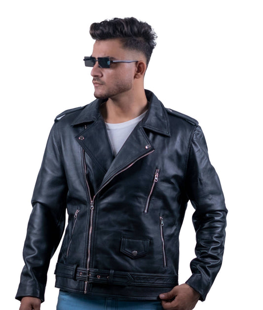 116 - Men’s Black Moto Biker Jacket – Asymmetrical Rebel Cut