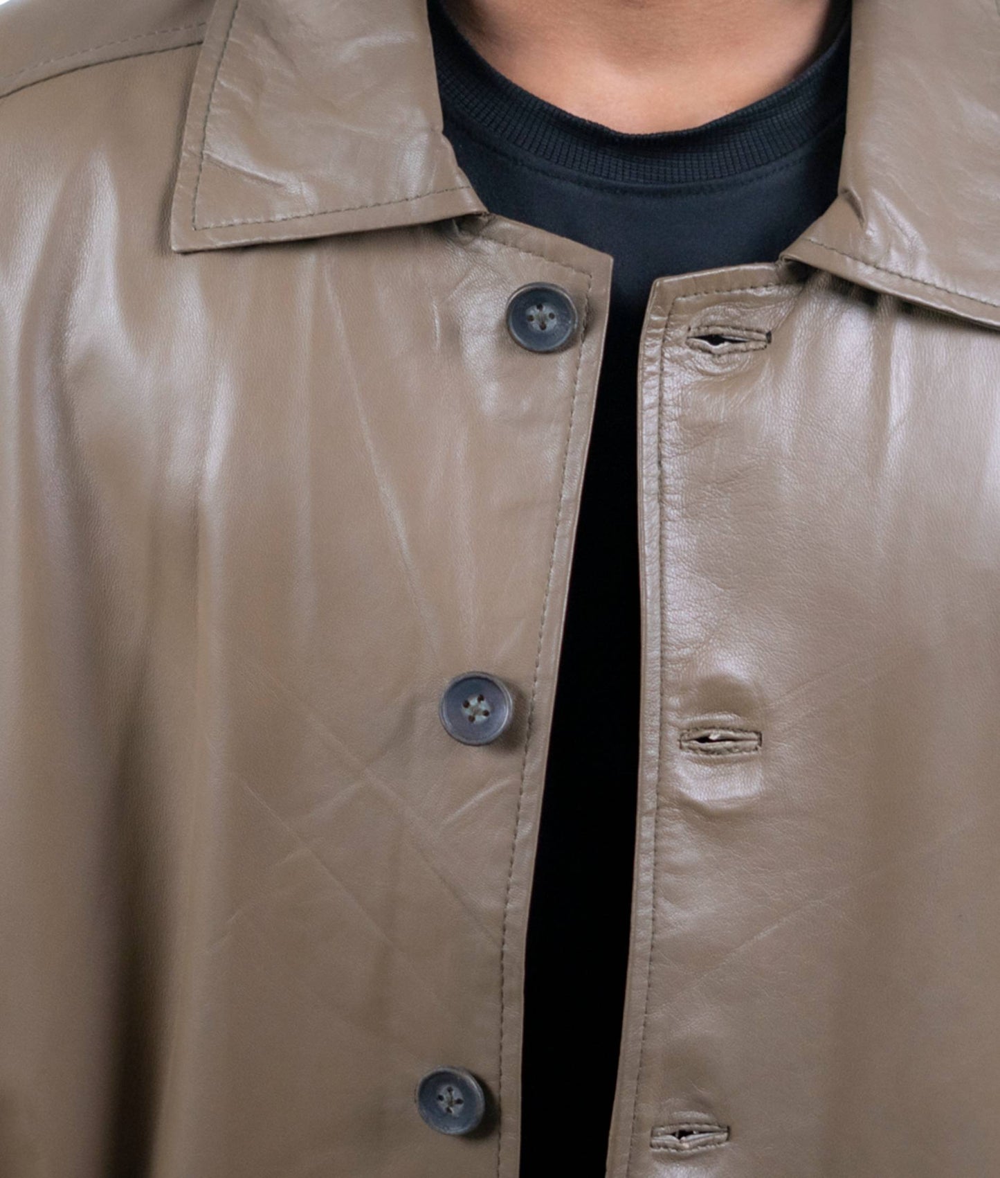 123 - Olivbrauner Ledermantel für Herren - Minimalistische lange Jacke