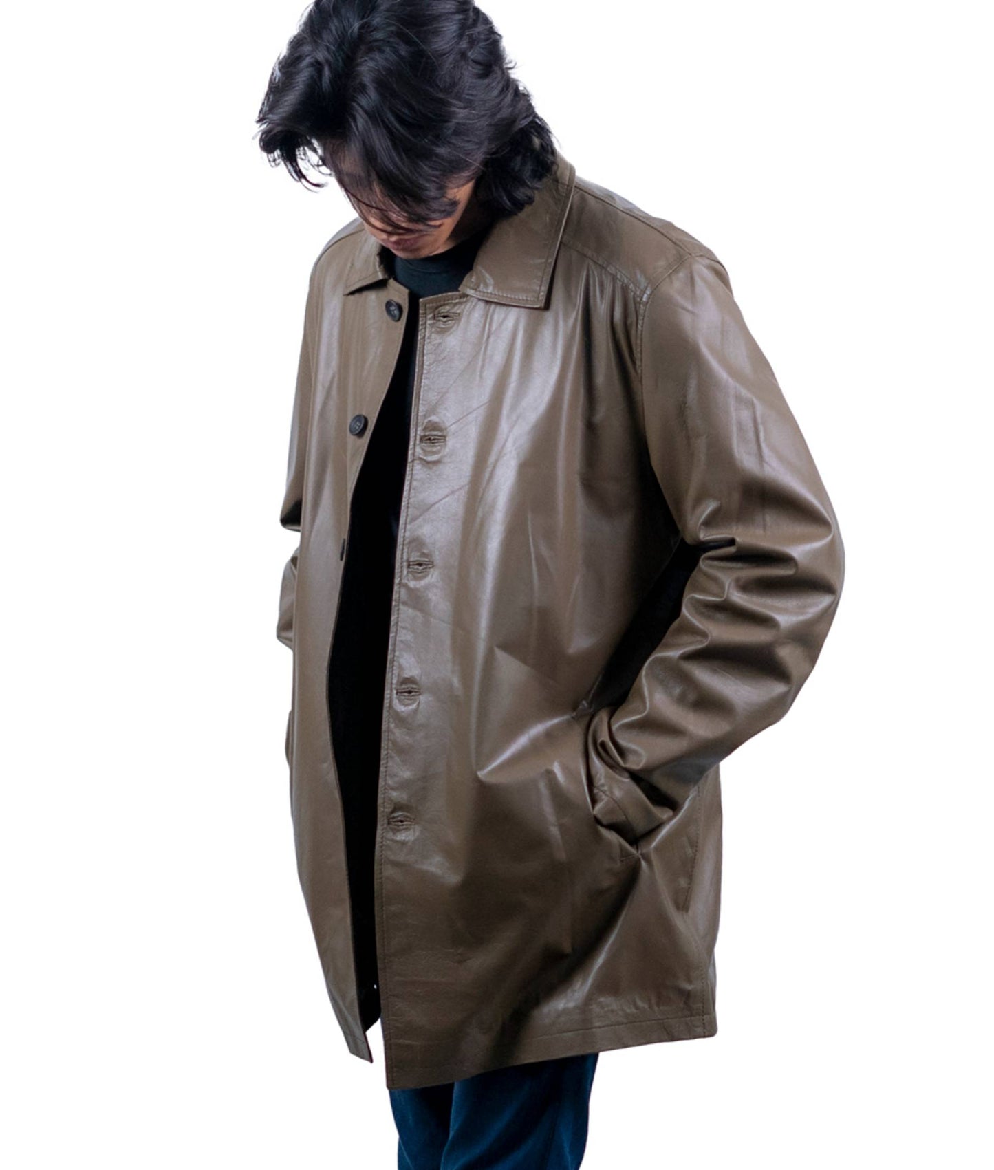 123 - Olivbrauner Ledermantel für Herren - Minimalistische lange Jacke