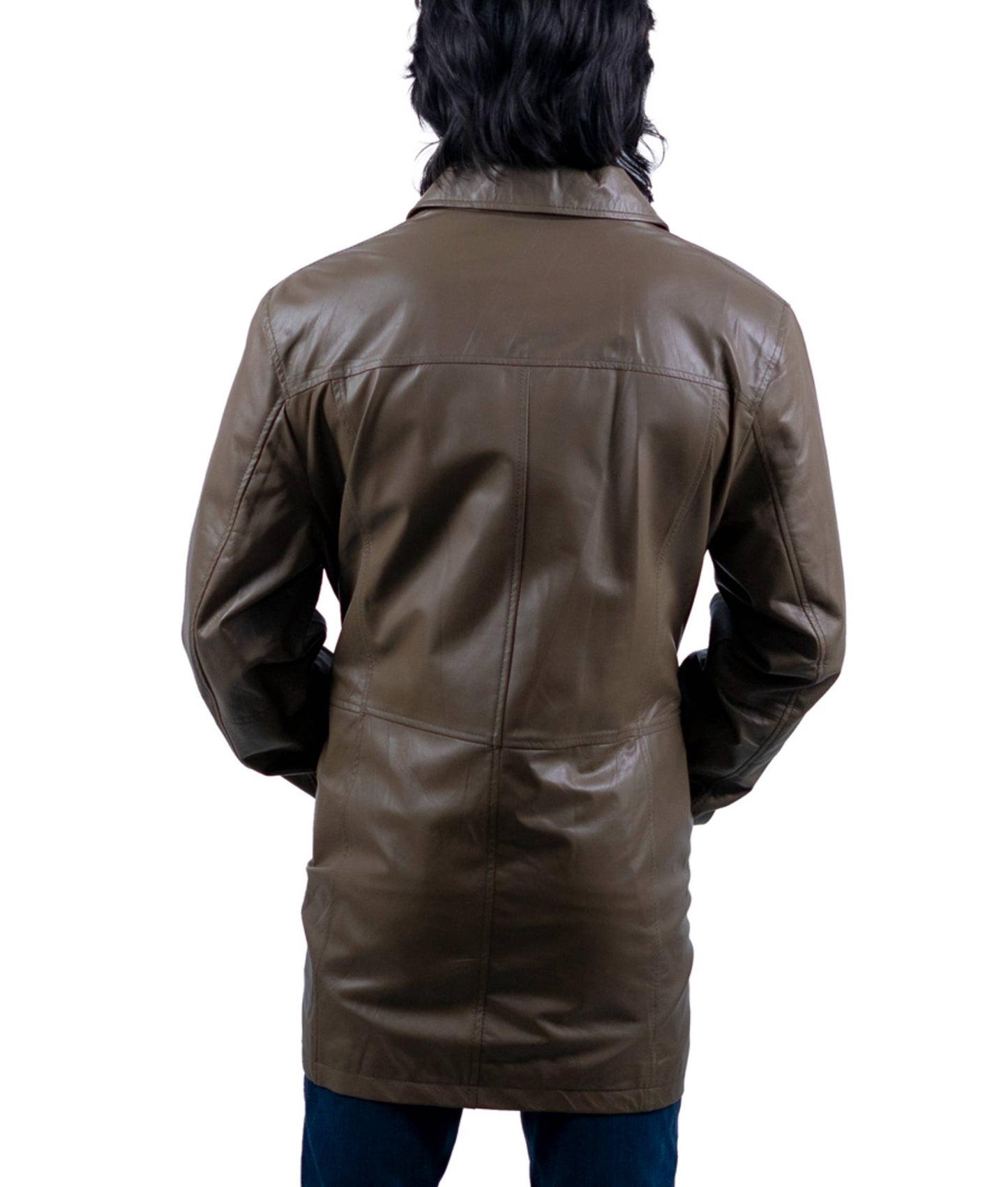 123 - Olivbrauner Ledermantel für Herren - Minimalistische lange Jacke