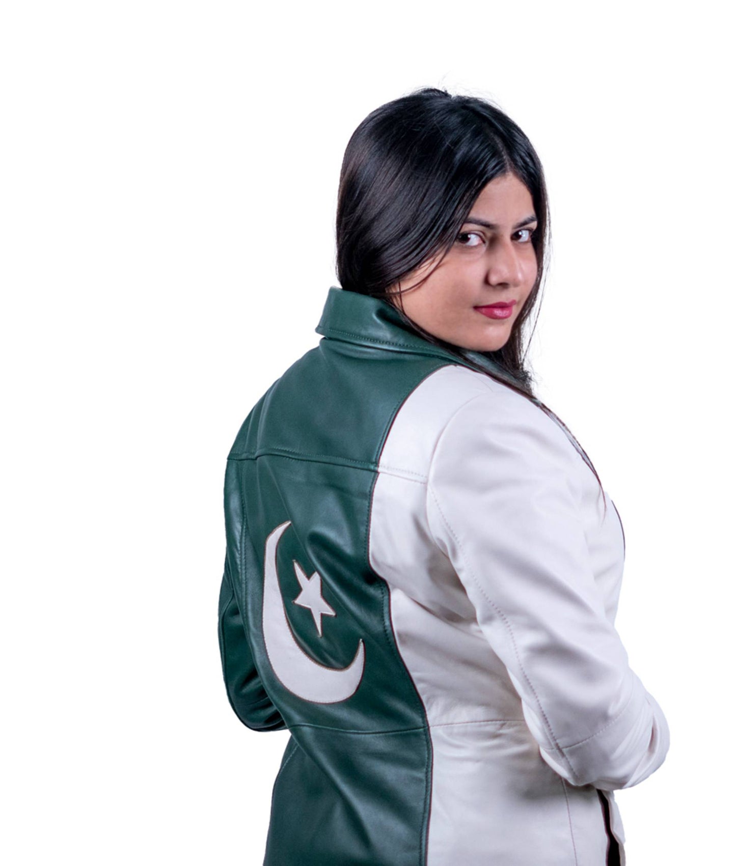 38 - Women’s Green & White Pakistan Flag Leather Jacket – Patriotic Design