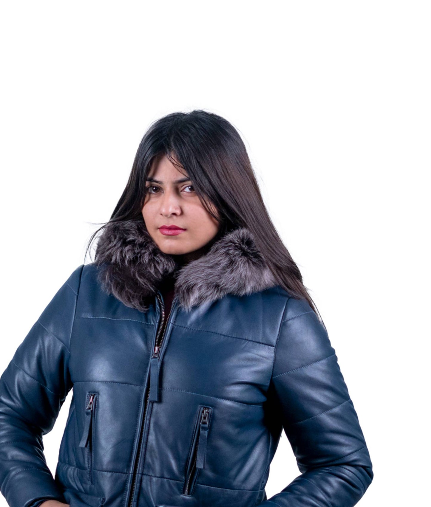 39 - Women’s Navy Blue Fur Collar Winter Leather Jacket – Elegant Warmth