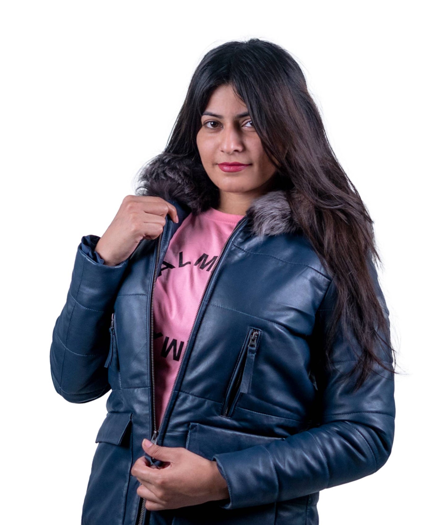 39 - Women’s Navy Blue Fur Collar Winter Leather Jacket – Elegant Warmth