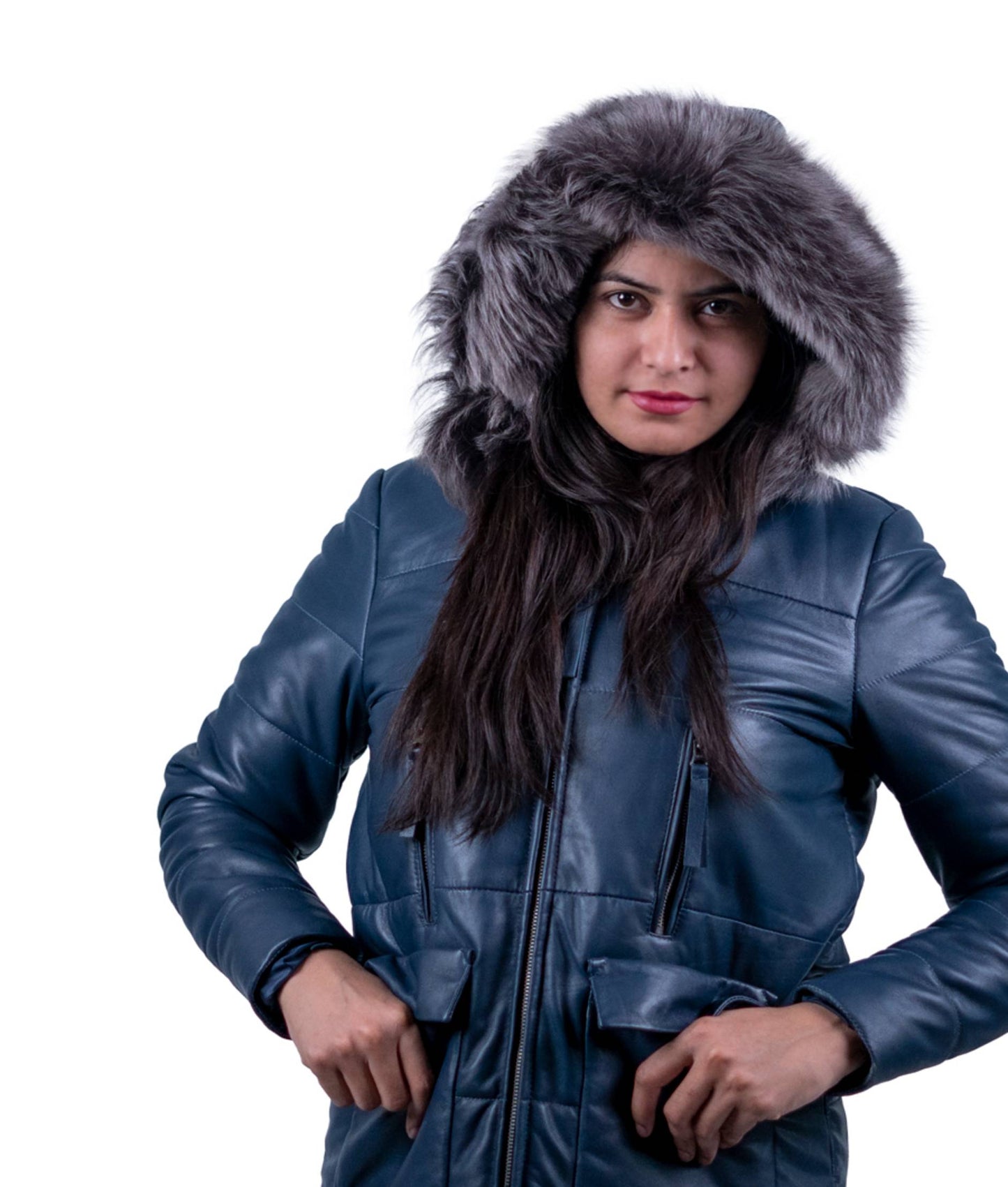 39 - Women’s Navy Blue Fur Collar Winter Leather Jacket – Elegant Warmth