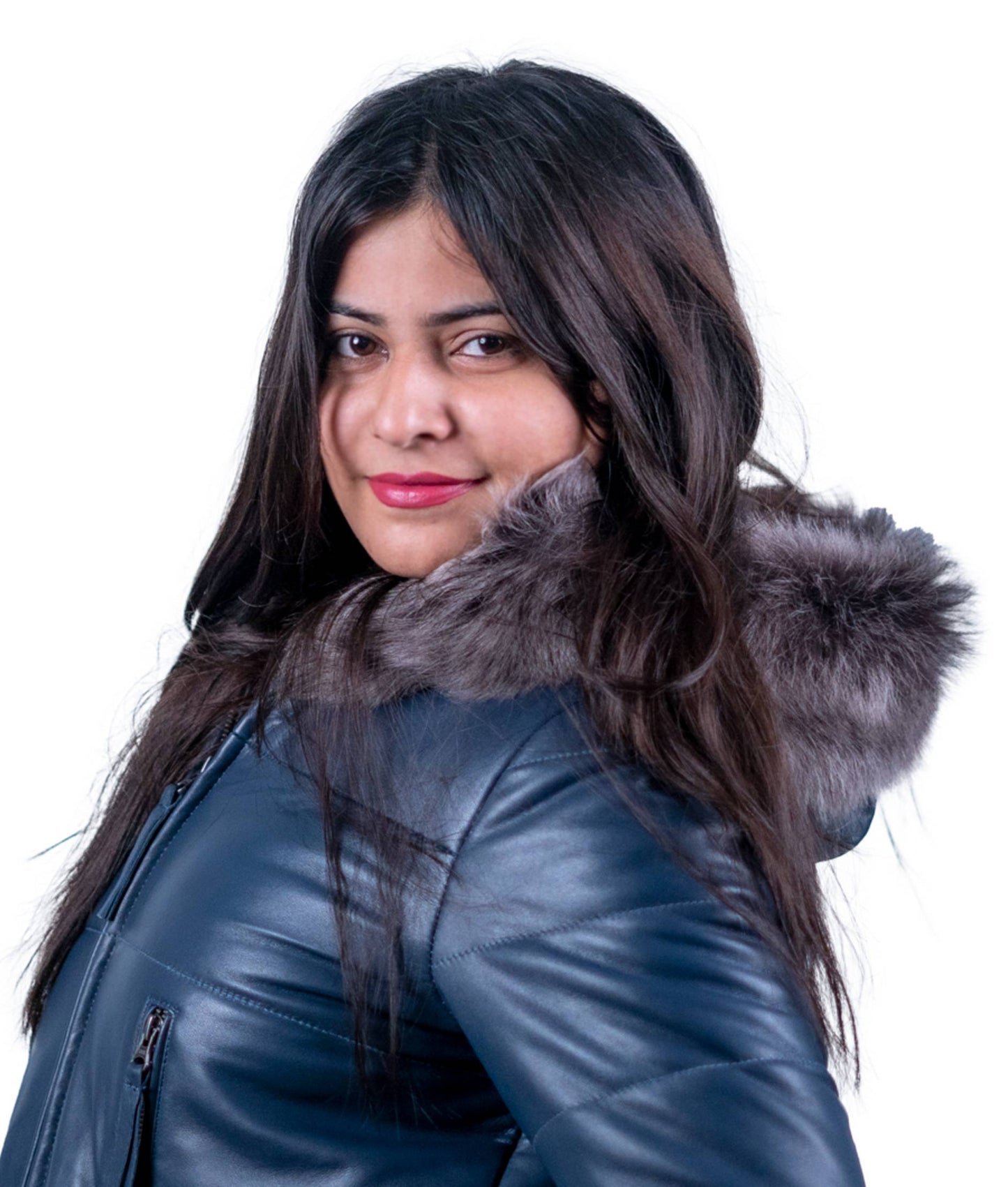 39 - Women’s Navy Blue Fur Collar Winter Leather Jacket – Elegant Warmth