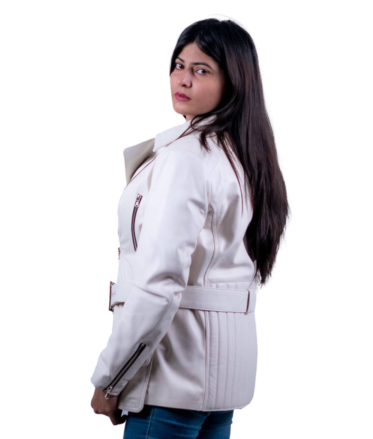 40 - Women’s White Belted Moto Leather Jacket – Sophisticated Edge