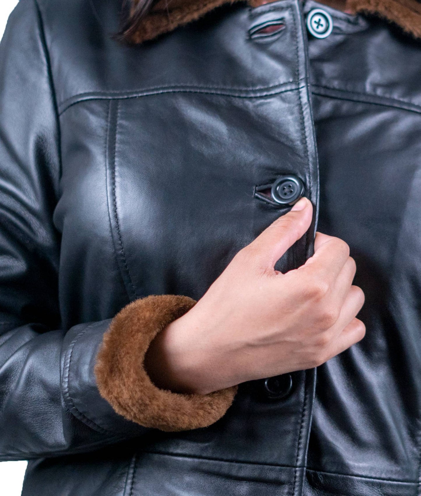 41 - Women’s Black Leather Coat with Brown Fur Trim – Timeless Luxury