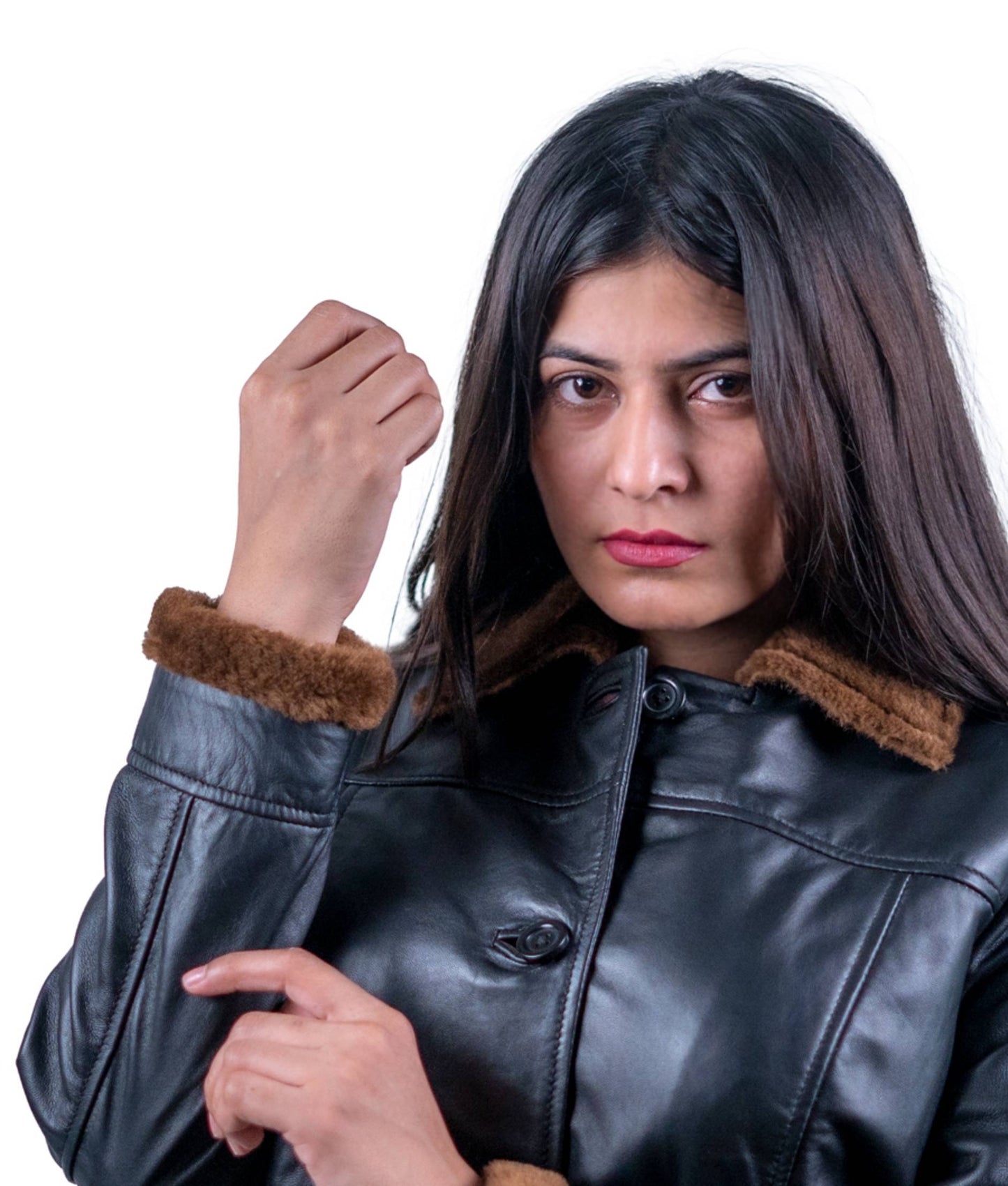 41 - Women’s Black Leather Coat with Brown Fur Trim – Timeless Luxury