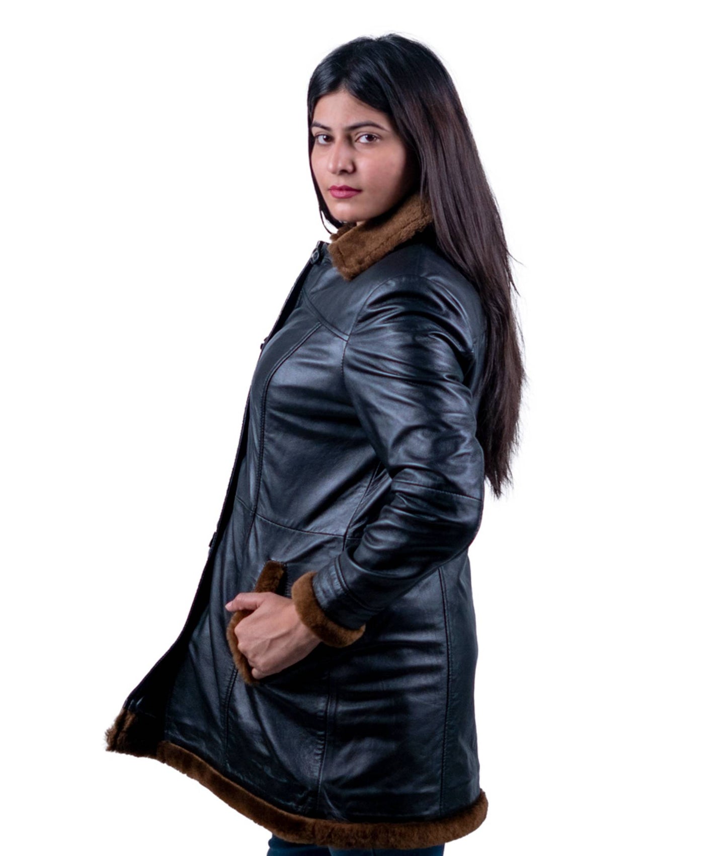 41 - Women’s Black Leather Coat with Brown Fur Trim – Timeless Luxury