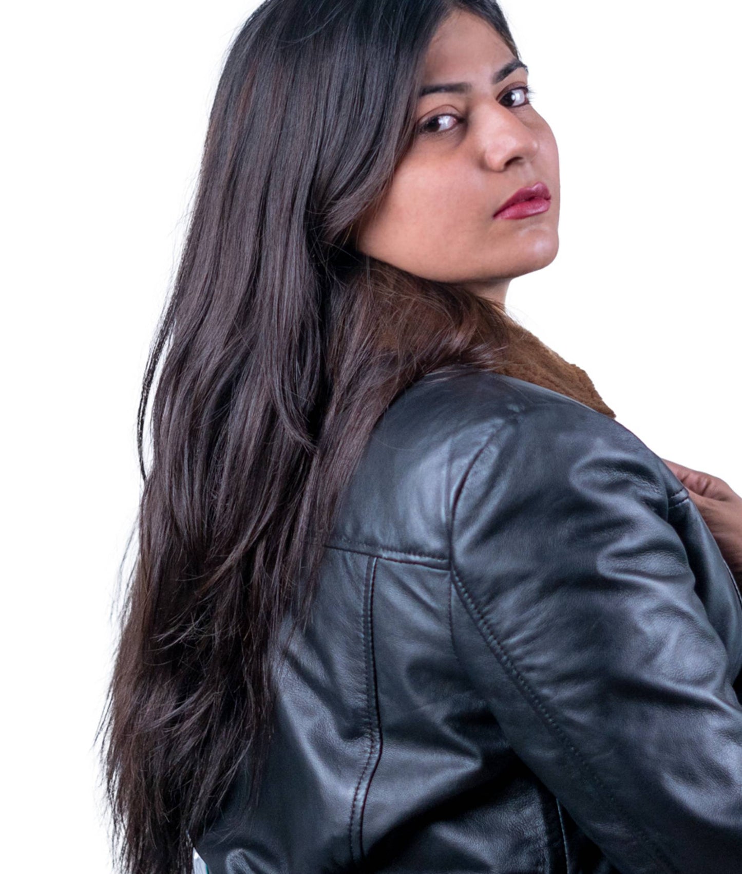 41 - Women’s Black Leather Coat with Brown Fur Trim – Timeless Luxury