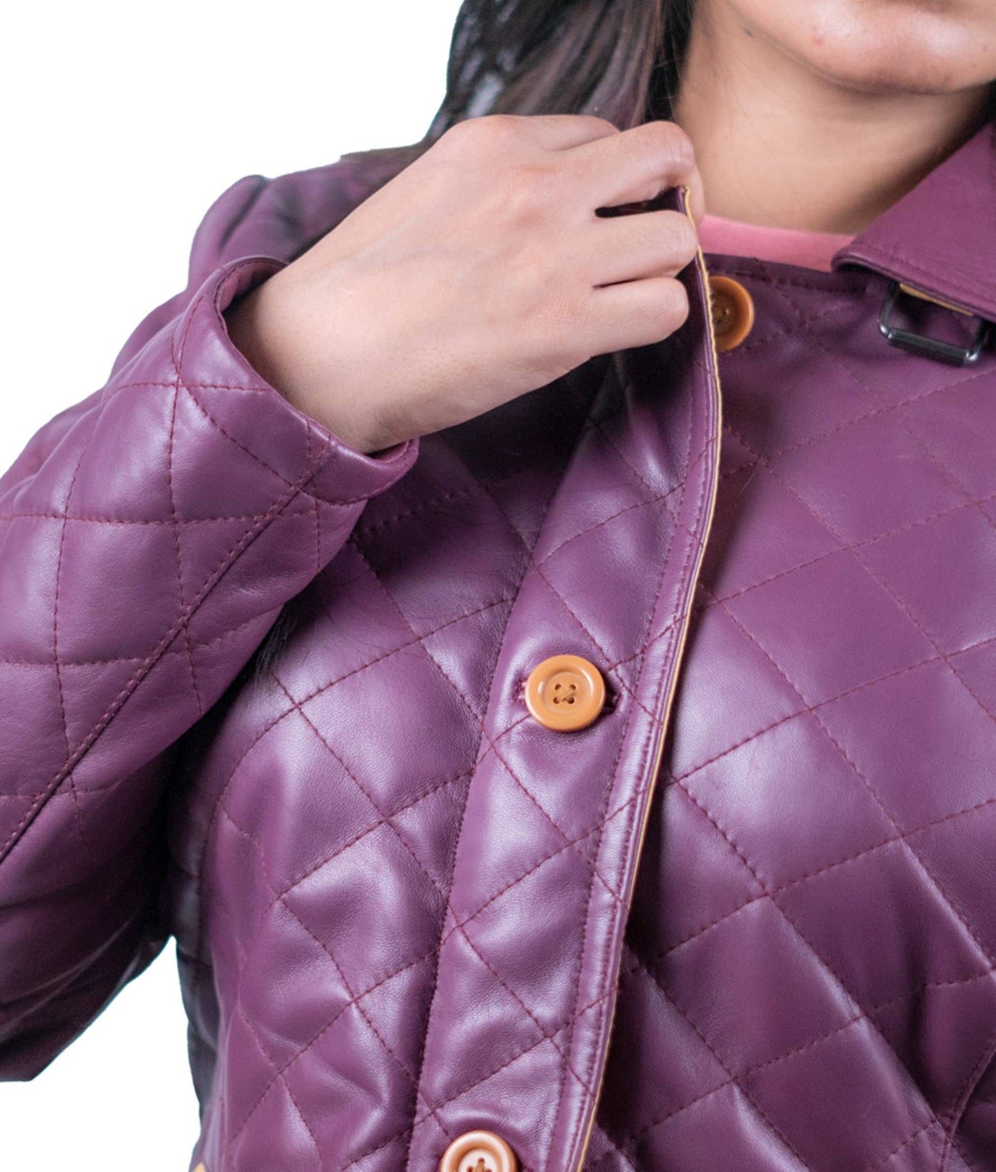 42 - Women’s Plum Quilted Winter Leather Coat – Stylish Comfort