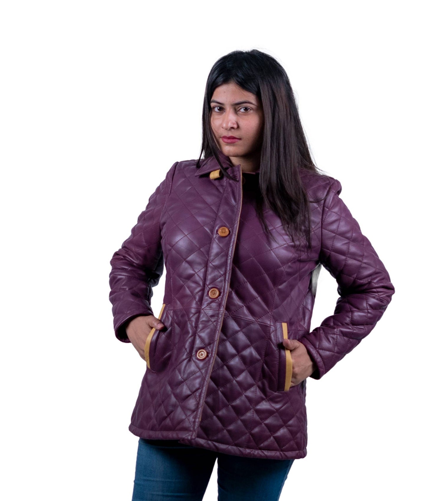 42 - Women’s Plum Quilted Winter Leather Coat – Stylish Comfort
