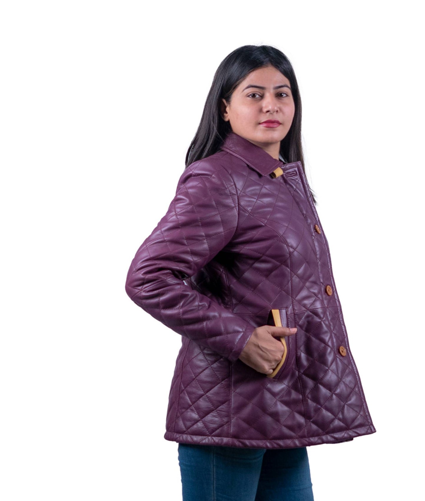 42 - Women’s Plum Quilted Winter Leather Coat – Stylish Comfort