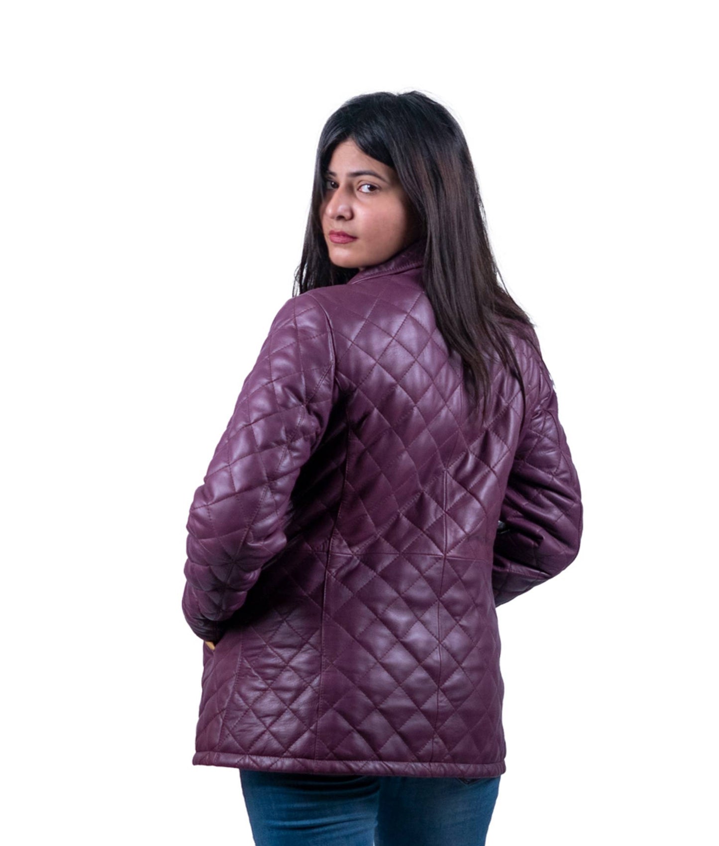 42 - Women’s Plum Quilted Winter Leather Coat – Stylish Comfort