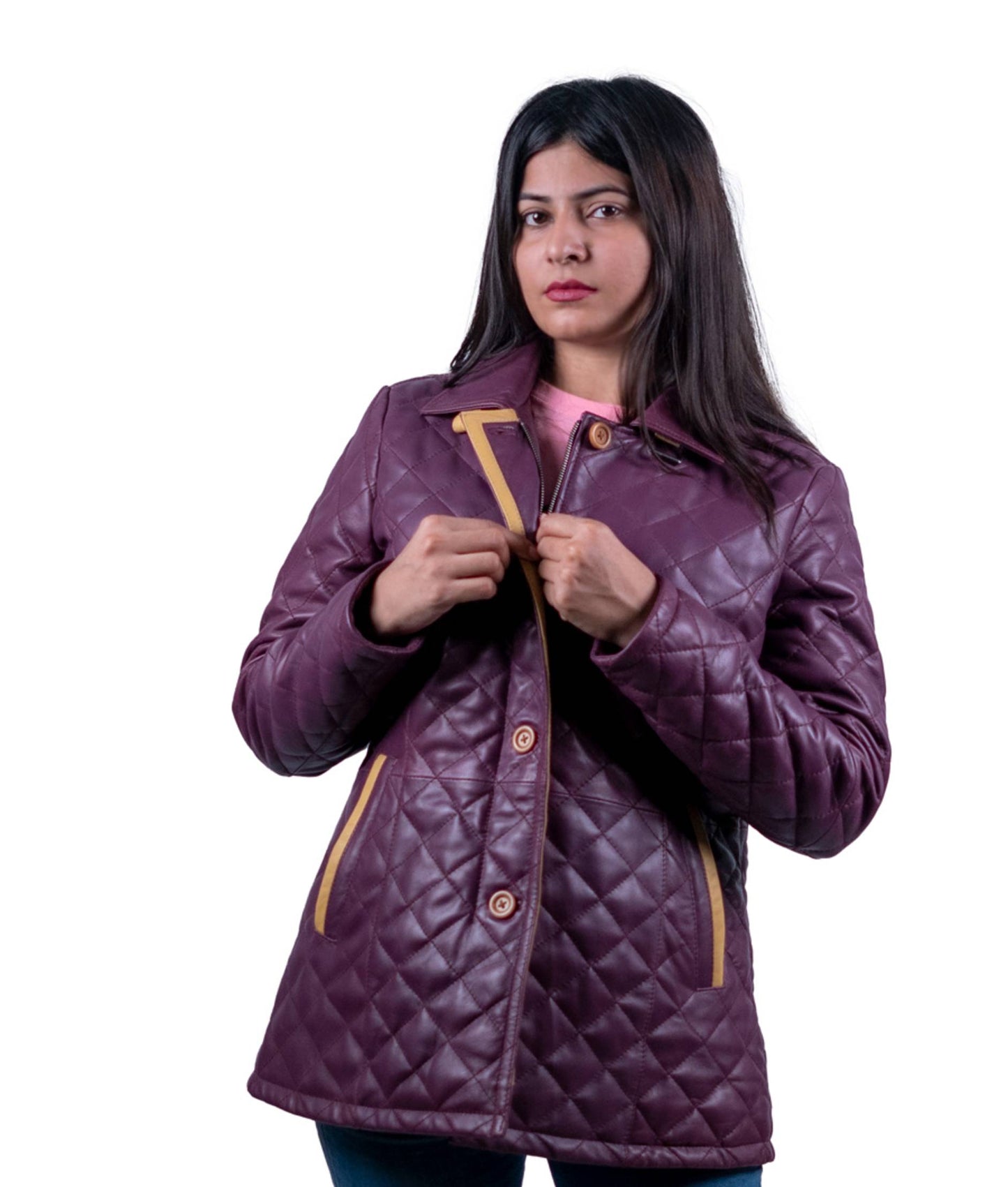 42 - Women’s Plum Quilted Winter Leather Coat – Stylish Comfort