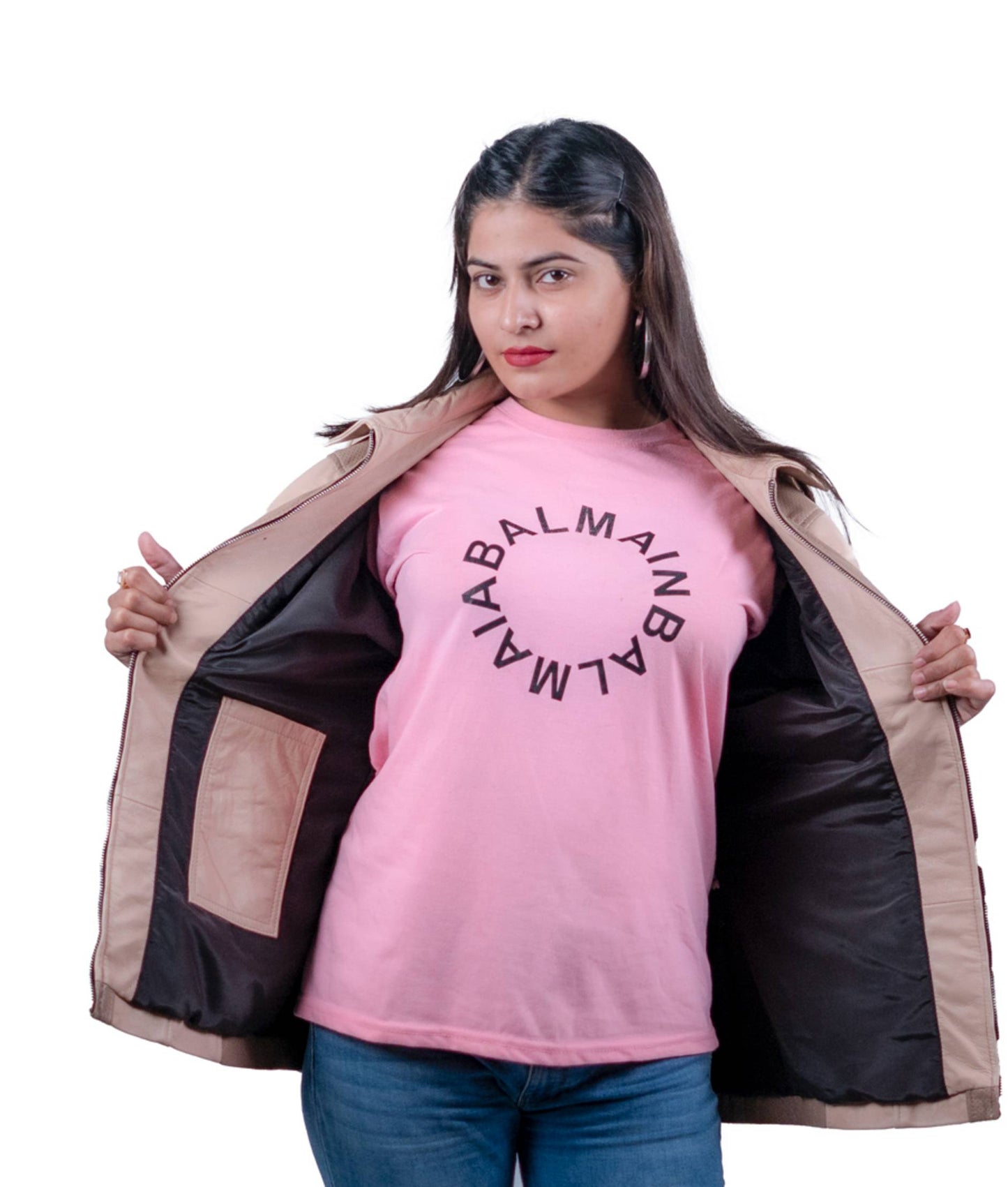 43 - Women’s Beige Leather Jacket with Perforated Panels – Versatile Elegance